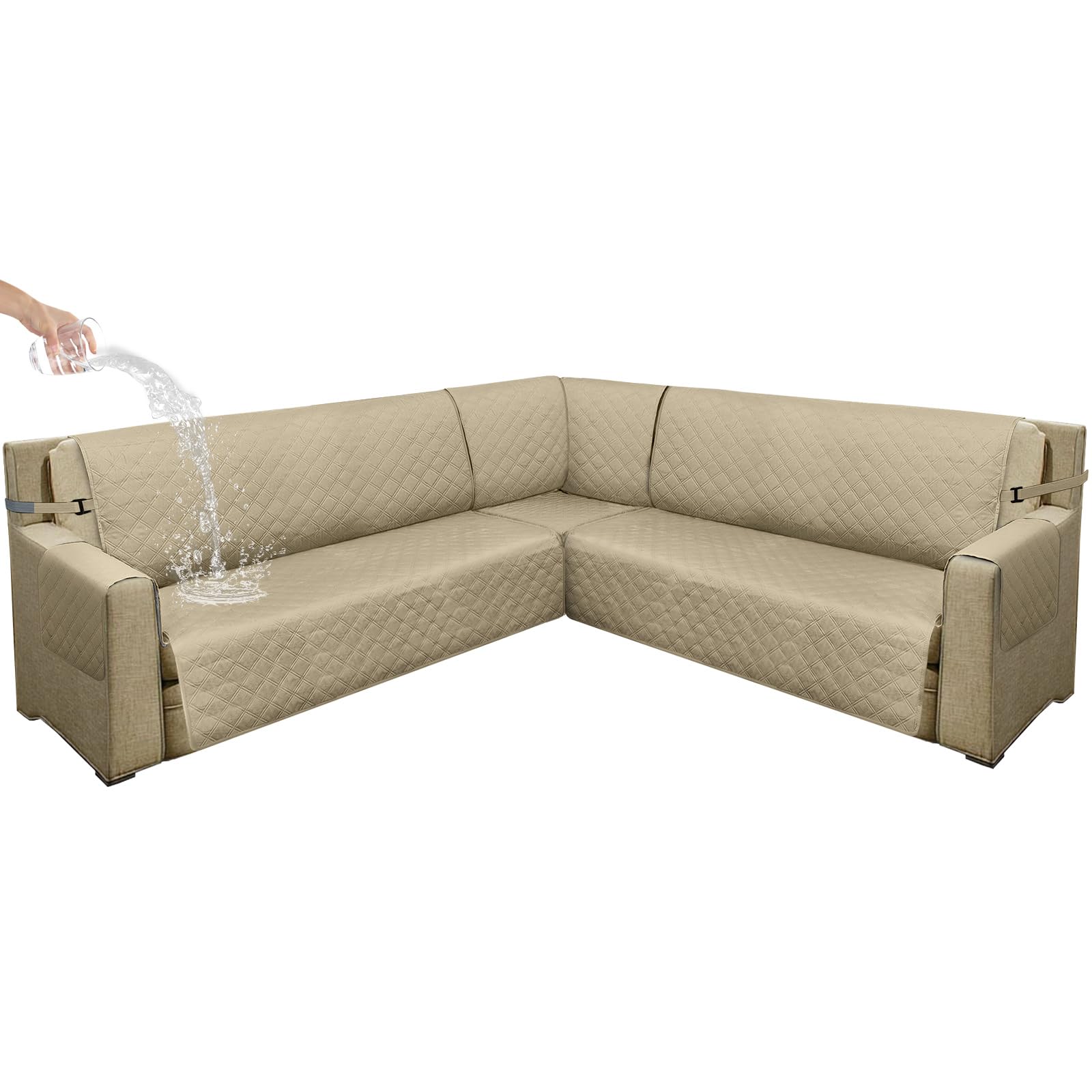 Arfntevss Waterproof Sectional Couch Covers 3 Piece Corner Couch Covers L Shape Sofa Cover Set U Shaped Non Slip Cover Protector Pet Dog Living Room Universal Quilted Slipcover (Khaki, Large)…