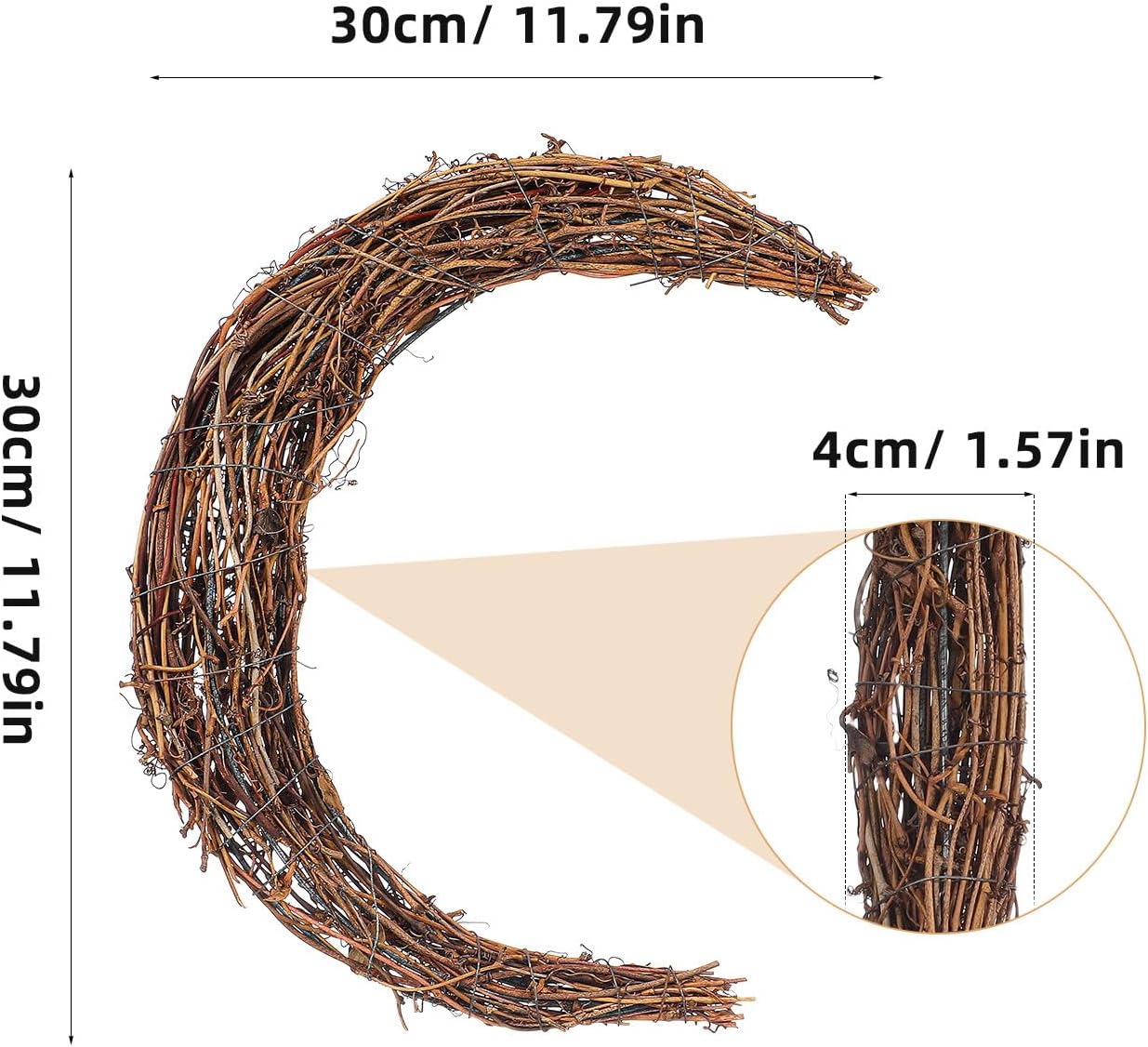 Veemoon 2pcs DIY Rattan Wreath Frames, Moon-Shaped Rattan Vine Hoops for Holiday Party Decor, 11. 81 Inch Light Brown, DIY Garland Making Supplies image 2