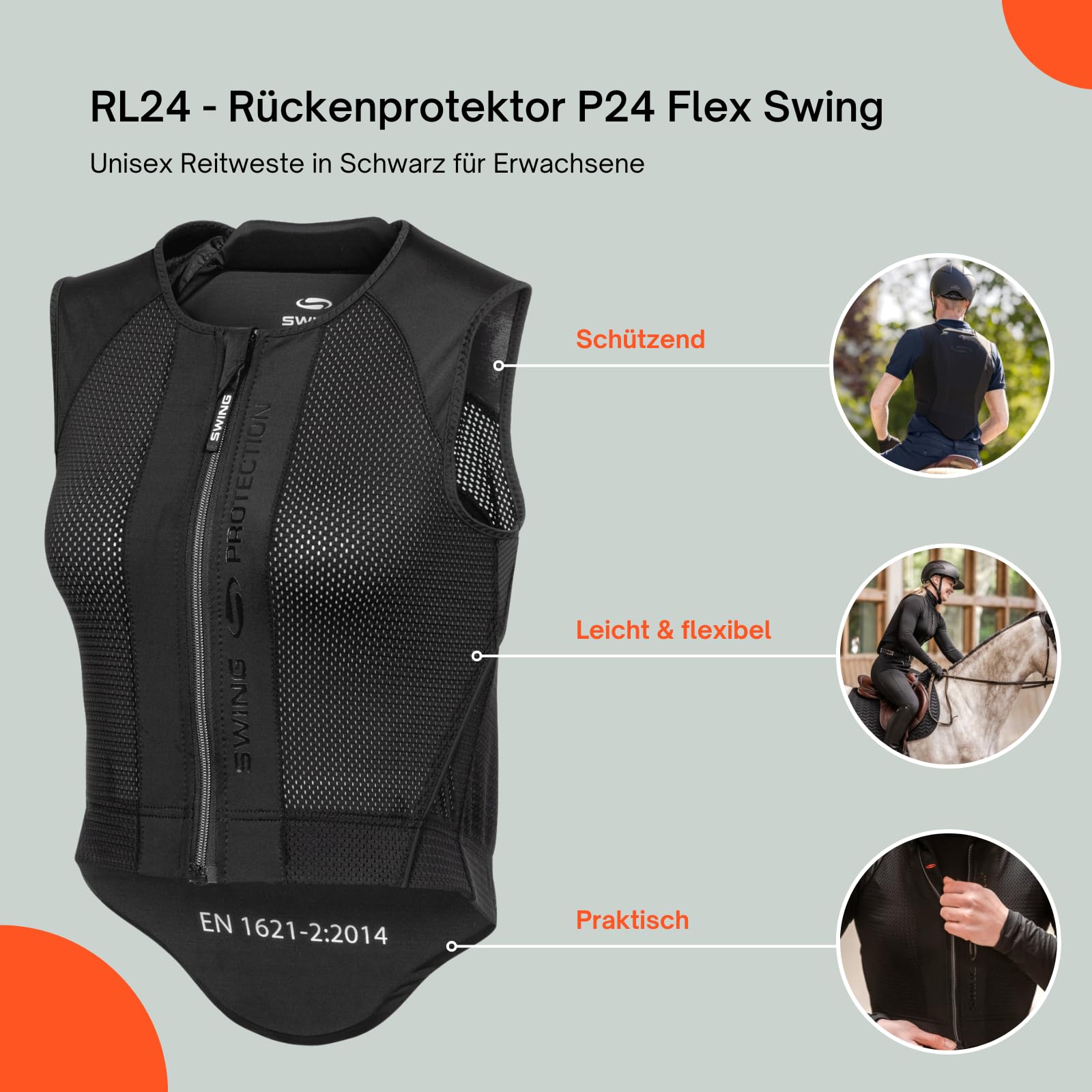 RL24 - Rückenprotektor P24 Flex Swing – Protektorenweste – Reiter Schutzweste – atmungsaktiv & leicht – automatische Weitenregulierung – Unisex Reitweste in Schwarz für Erwachsene