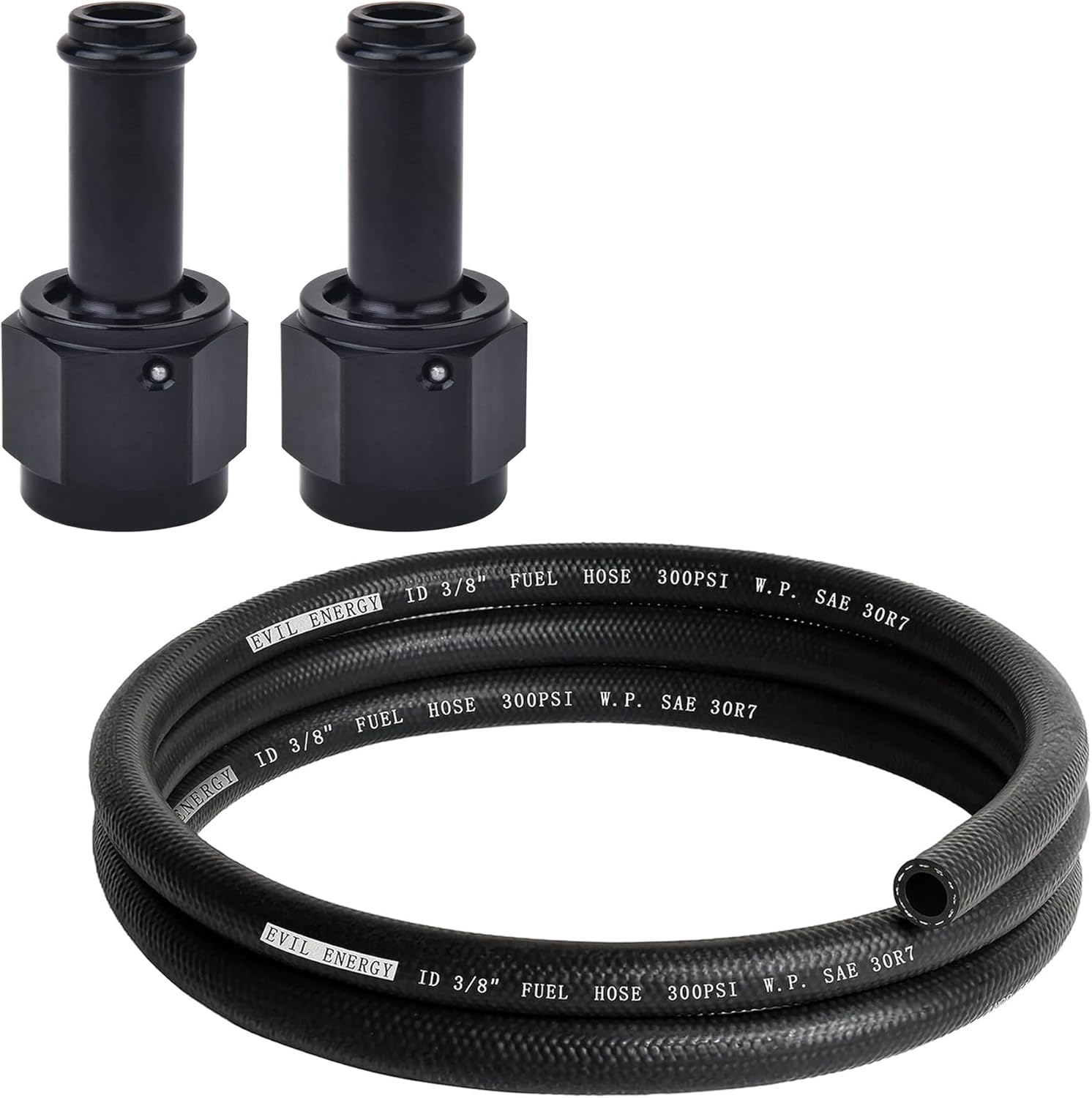 EVIL ENERGY 3/8 Fuel Hose Line NBR Rubber 10FT 300PSI SAE 30R7 Bundle with 6AN Female to 3/8" Barb Swivel Hose Fitting Straight 2PCS