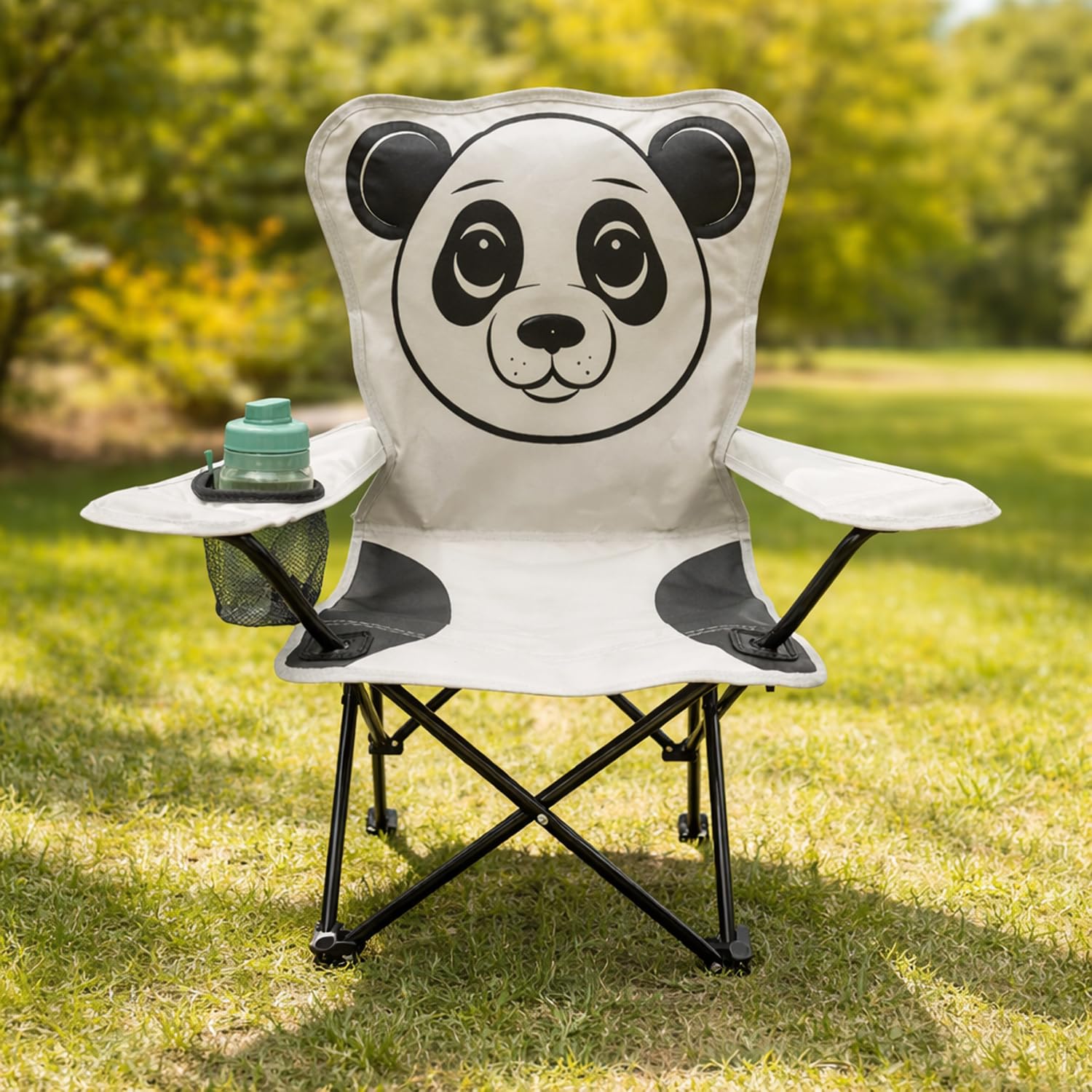 Kinder Anglersessel Hellgrau Campingstuhl Faltstuhl Anglerstuhl Motiv Panda mit Getränkehalter und Tasche Sport & Freizeit