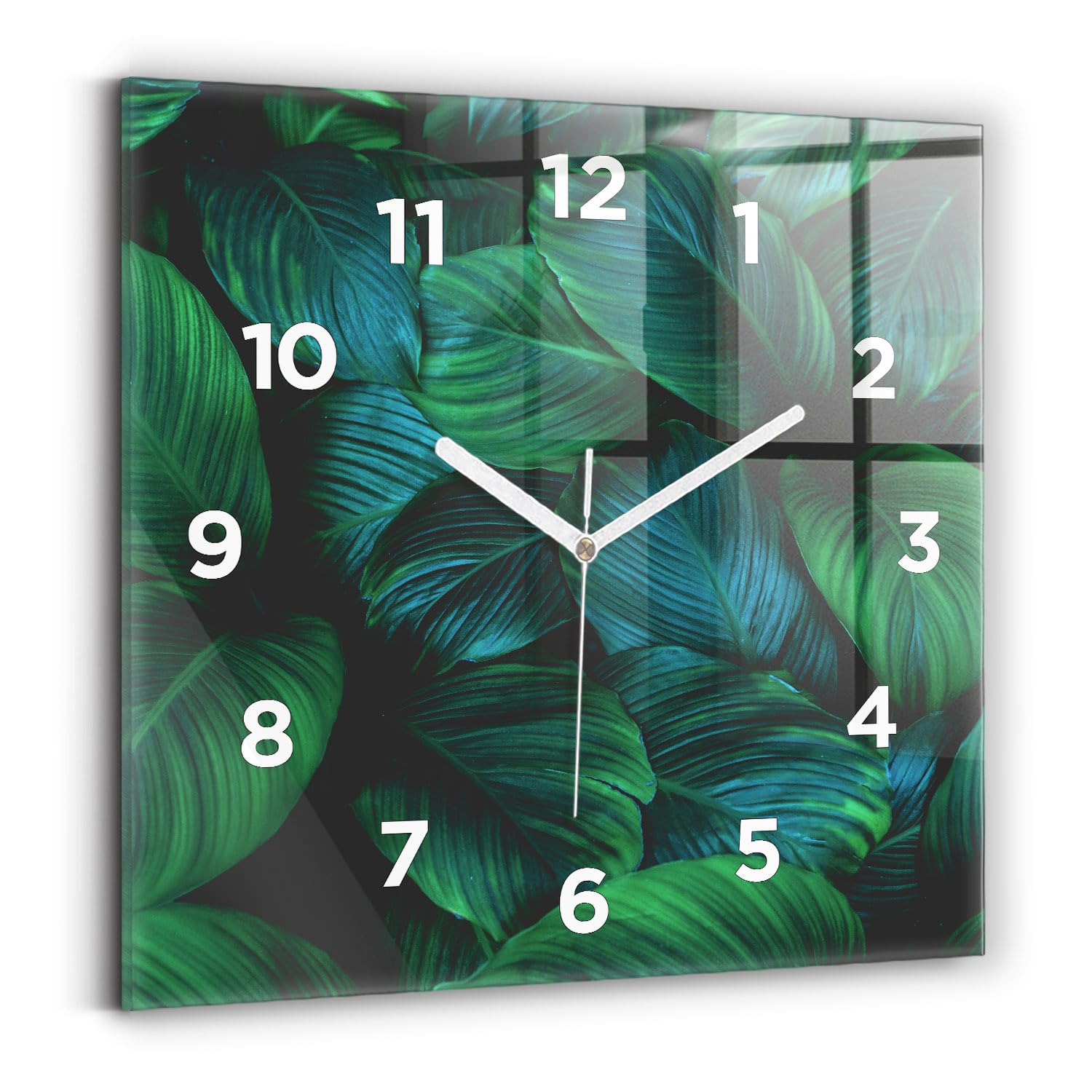 Horloge carrée 30x30 cm Wallfluent au mécanisme silencieux avec un motif de feuilles de nature