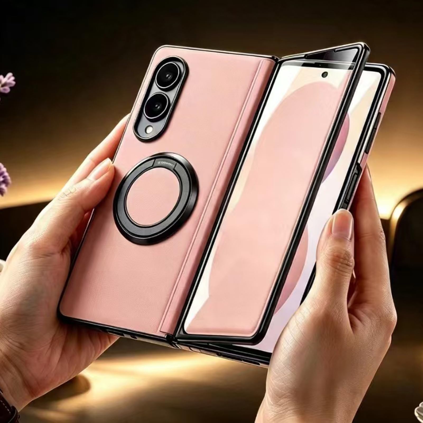 Etui z prawdziwej skóry do Samsung Galaxy Z Fold 8, ochrona ekranu z obrotowym pierścieniem magnetycznym, pełne owinięcie zawiasów, biznesowe, ręcznie wykonane, lekka, luksusowa obudowa (czarne)