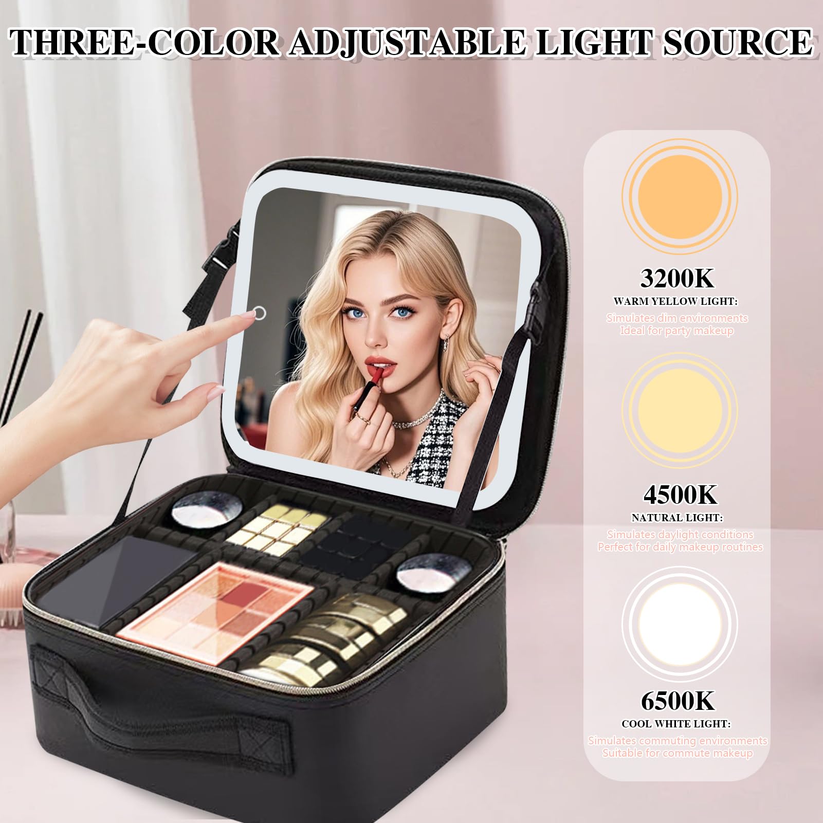 Kosmetiktasche mit LED Beleuchtung Spiegel, Kosmetikkoffer Damen Make up Tasche Make up Koffer Reise Schminkkoffer Damen, Einstellbare Helligkeit in 3 Farben, Makeup Organizer für Geschenk (Schwarz)