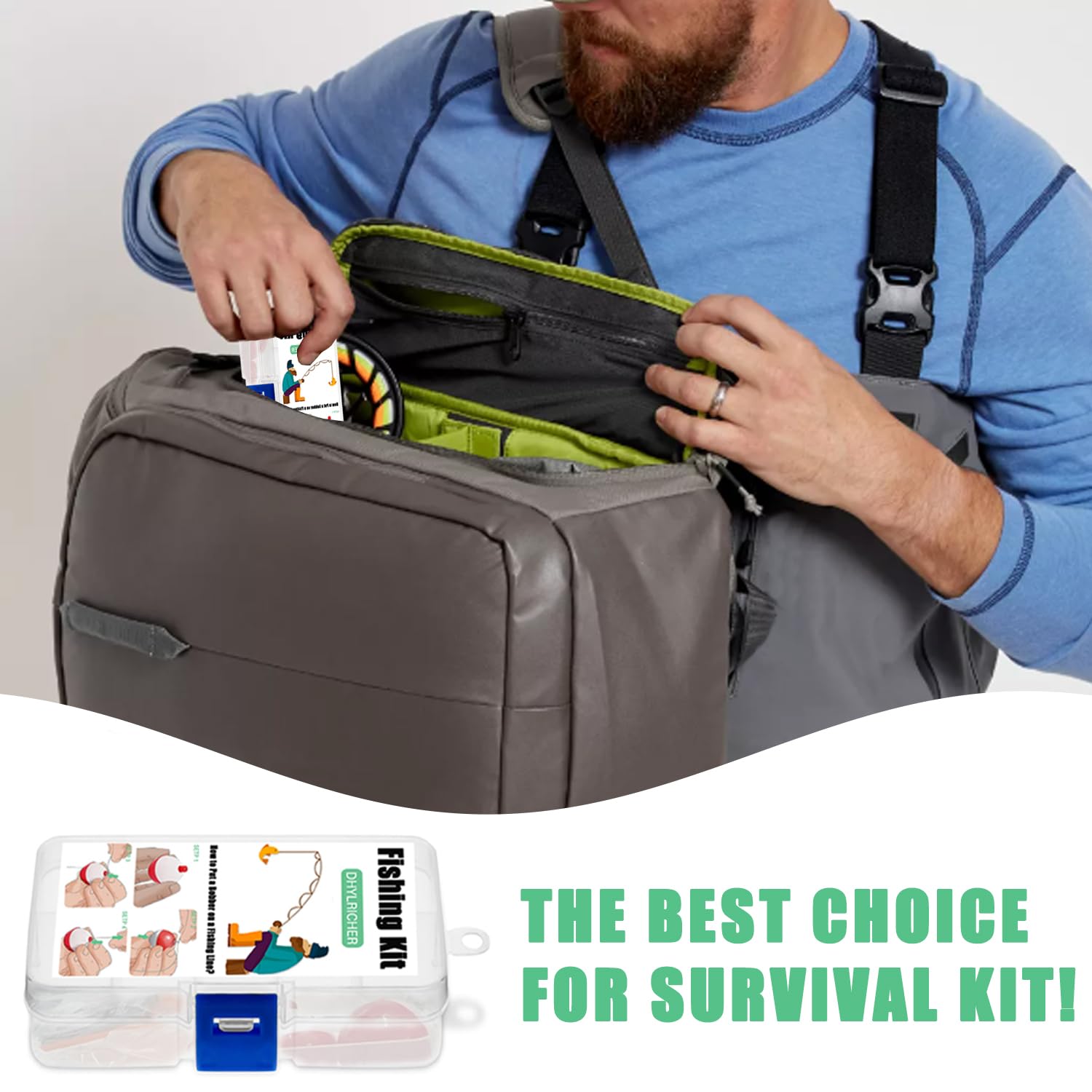 Mini Kit De Pêche D’urgence – Boîte Cadeau Enfant, Avec Hameçons, Flotteur, Plombs, Mouches, Ligne, Ciseaux