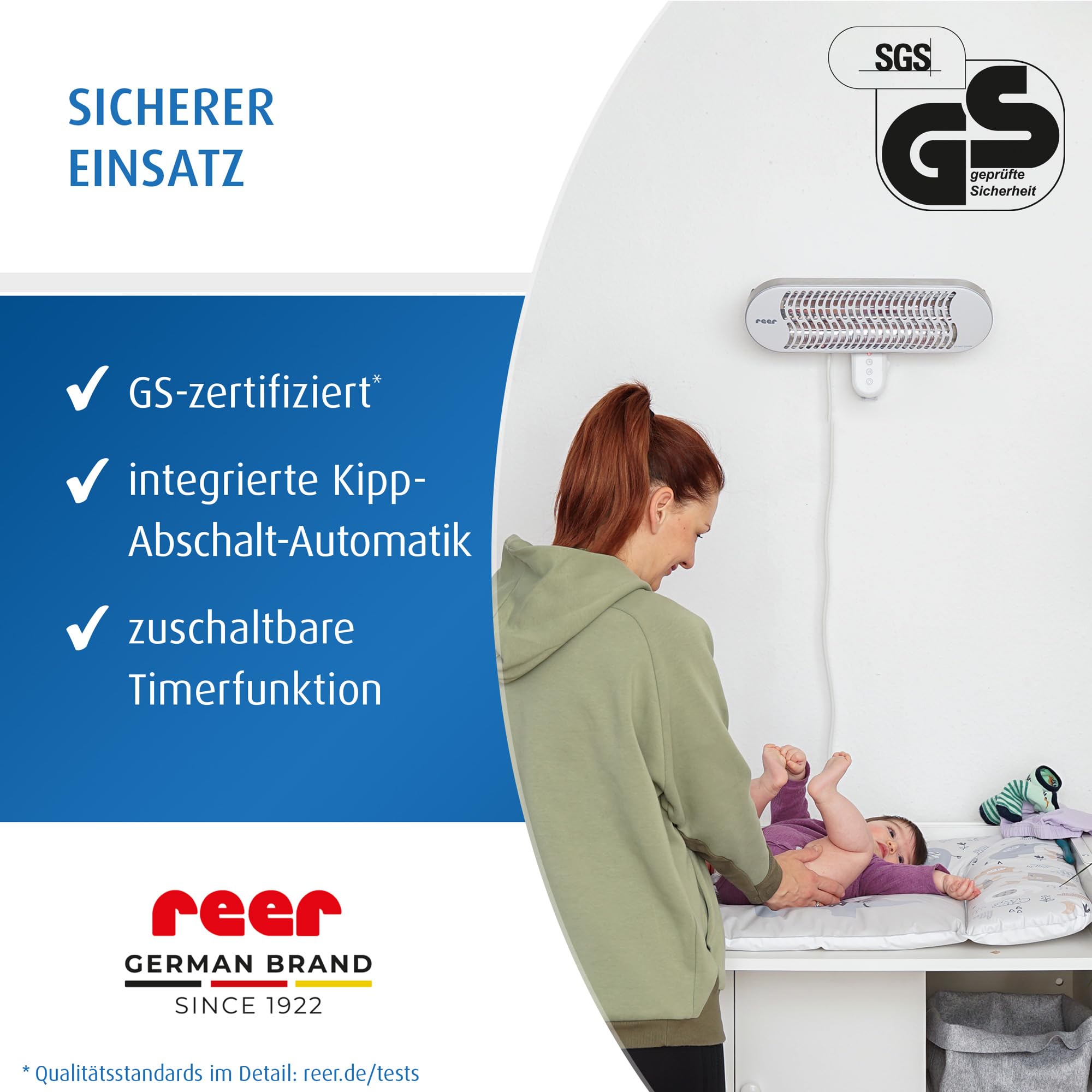 reer HeatCare+ Flex Wickeltisch-Wärmestrahler | EcoHeat Carbon Heizelement | Infrarot-Heizstrahler mit Standfuß & neigbarem Kopf | Wärmespender für Babys | Energiesparend | 2in1 Wand- oder Standgerät