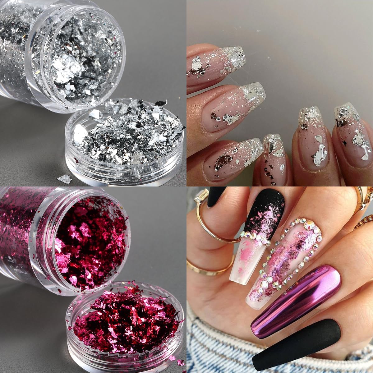 Fcozpjk Gold Foil Flakes for Nail Art, 6 Bottles Irregular Silver Hot Pink Gold Leaf for Nails, Golden Glitter Nail Decoration, Metallic Nail Art Glitter Flakes, Shiny Manicure Sequins
