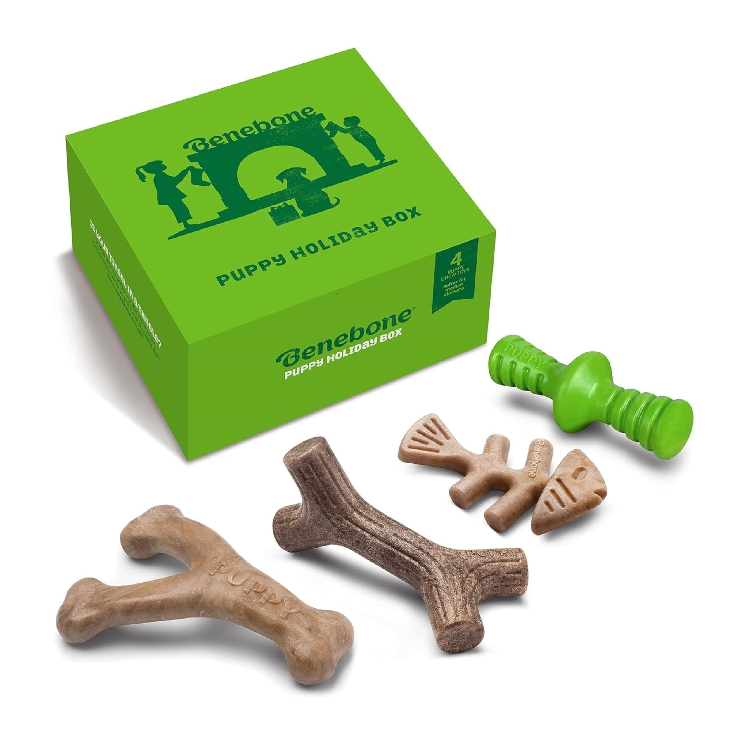 Benebone Puppy Holiday 4-Pack Dog Chew Toys, Made in USA, 30lbs and Under, for Modest Chewers, All Breed Sizes