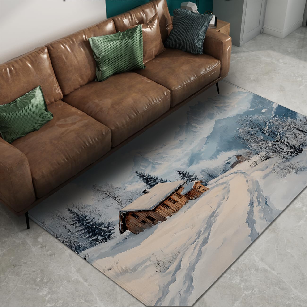 Tapis de salon chalet hiver paysage montagne enneigée 100x120 pour déco chambre nordique