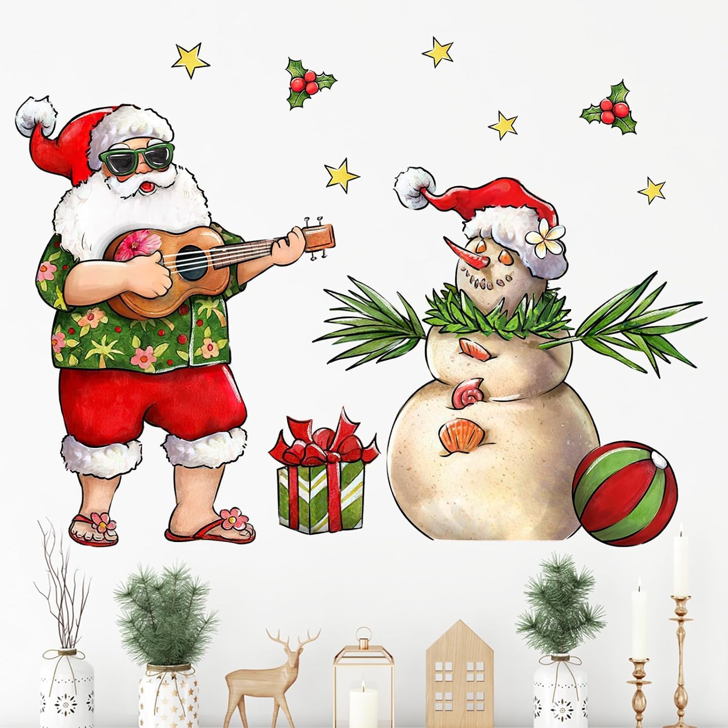 Christmas Hawaii Santa Claus Wall Decals Stickers, July Hawaiian Xmas Coastal Beach Snowman Winter Decorations Bedroom Art, Summer 2026 New Year Party Living Room Home Decor Holiday Gifts