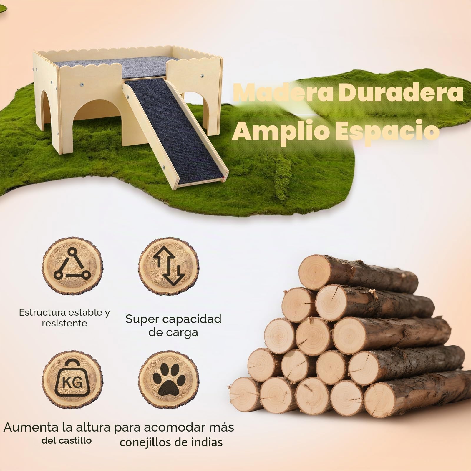 Escondite para Conejillos de Indias, Juguete de Madera con escaleras y esteras, 2 Animales pequeños, esconde y Castillo para hámsters, Conejos y Chinchillas