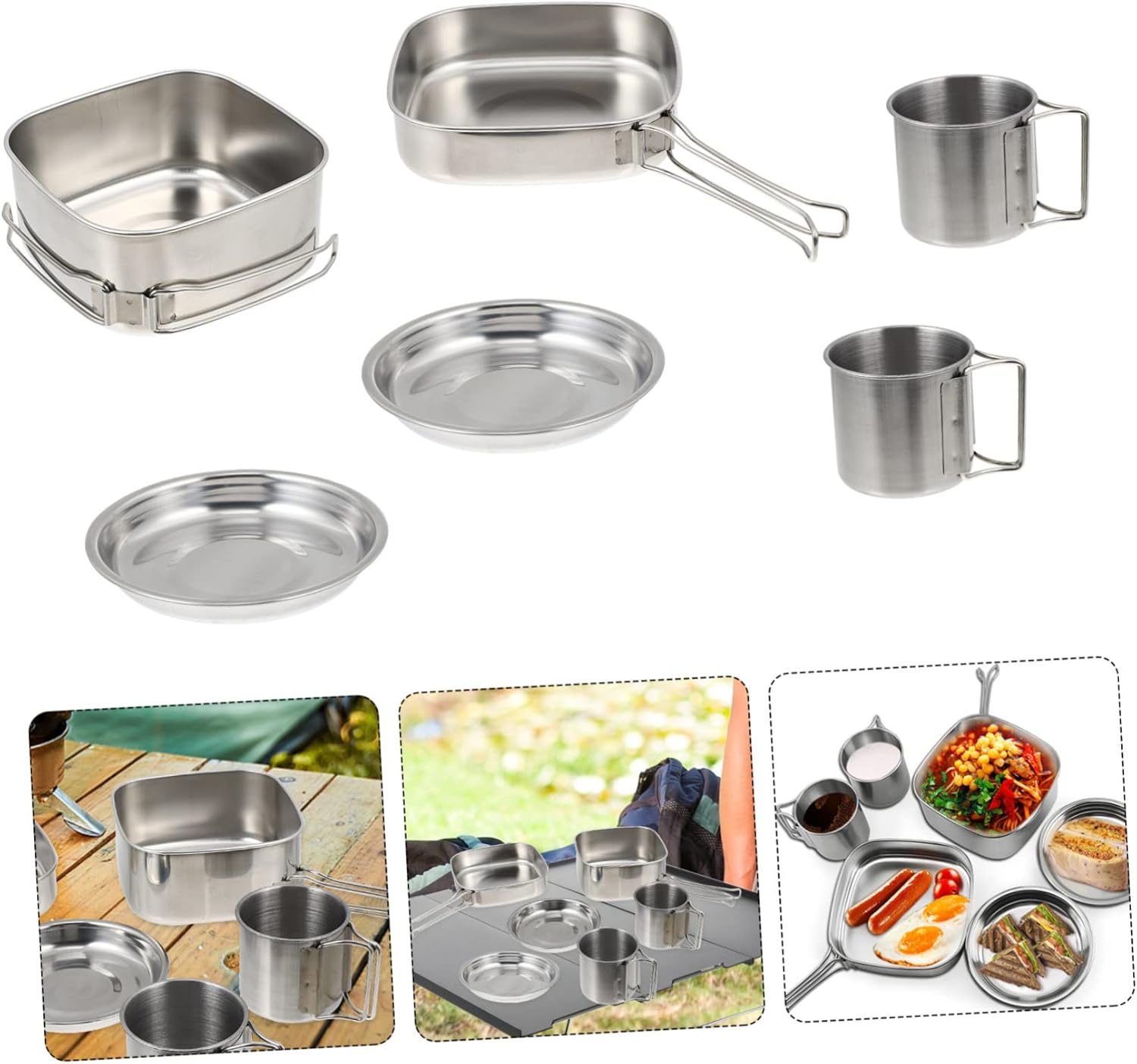 1set Outdoor Cookware Stainless Steel Camping Cooking Utensils Portable Picnic Pots and Frying Pan Easy to Clean for Camping and