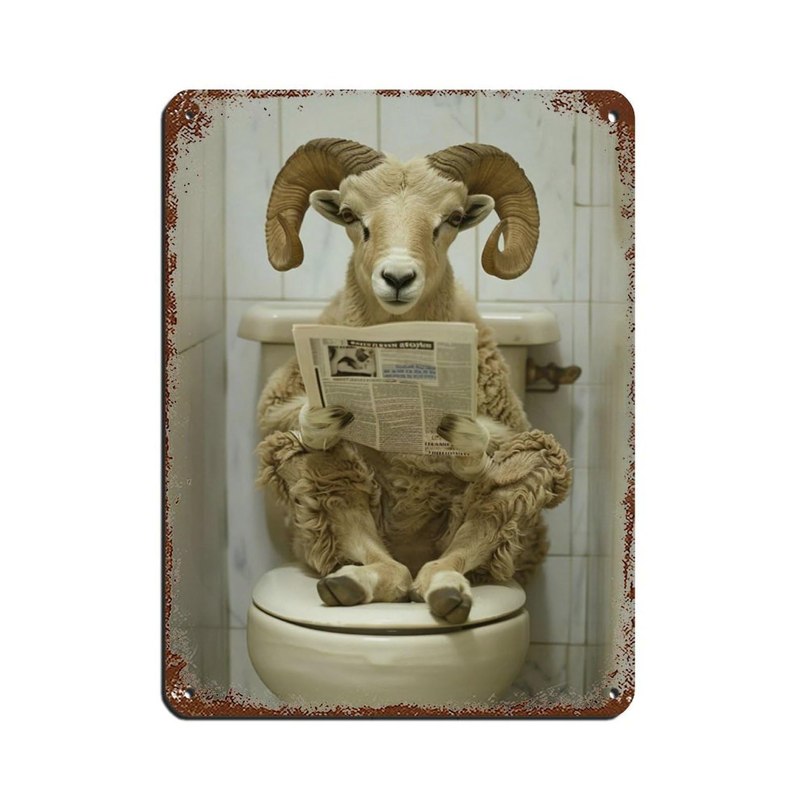 Ram Sitting on The Toilet Reading A Newspaper Tin Sign Vintage Metal Pub Club Cafe Bar Home Wall Art Decoration Poster Retro 12x16inch(30x40cm)