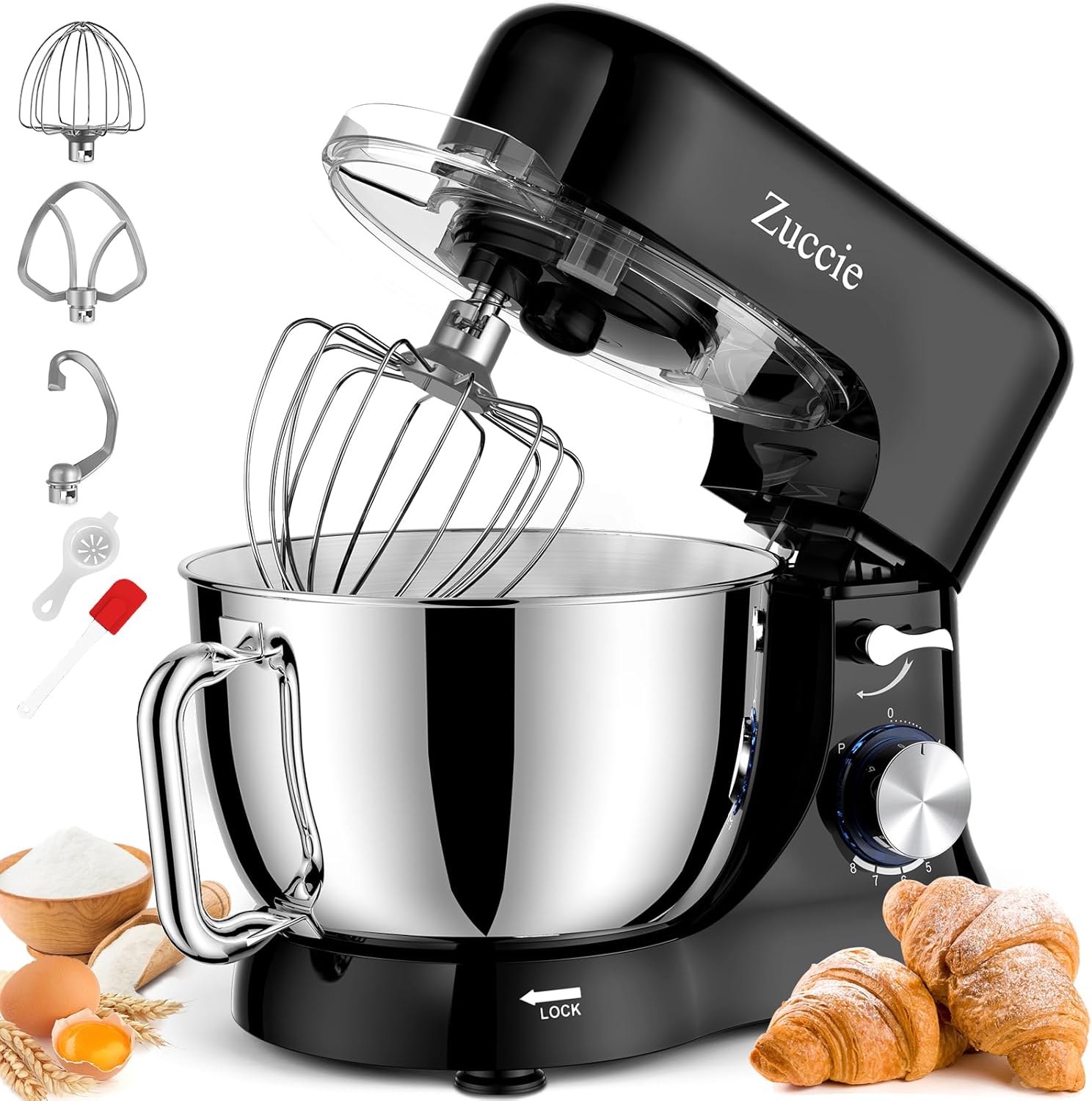 Stand Mixer, Zuccie 4.8QT Kitchen Electric Stand Mixer, 380W Motor Power Food Mixer, 8+P-Speed Dough Mixer with Dough Hook, Wire Whip & Beater, Black