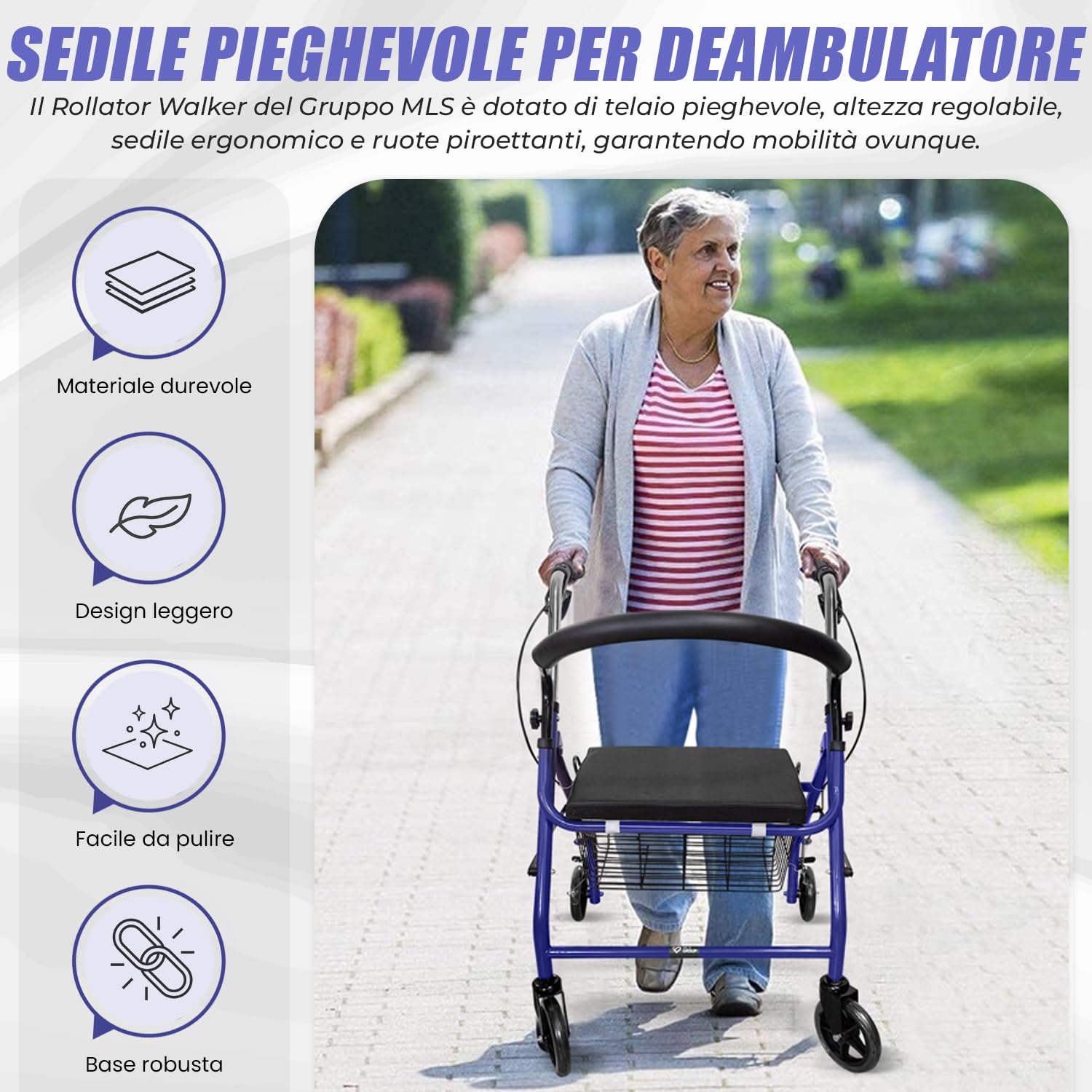 Deambulatore per Anziani ultra Leggero Pieghevole in Alluminio Regolazione Altezza - Sedile Imbottito Blu