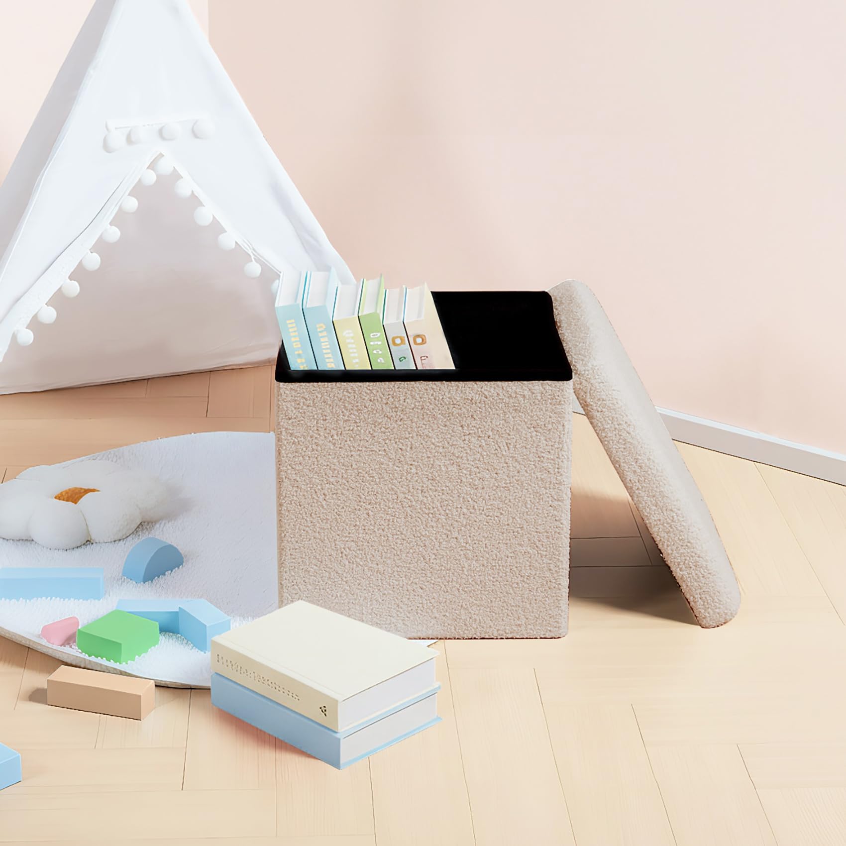 Bonlife Taburete con Espacio de Almacenamiento, Plegable, con Tapa, de Terciopelo, Reposapiés, Caja de Almacenamiento, Beige,40x40x40cm