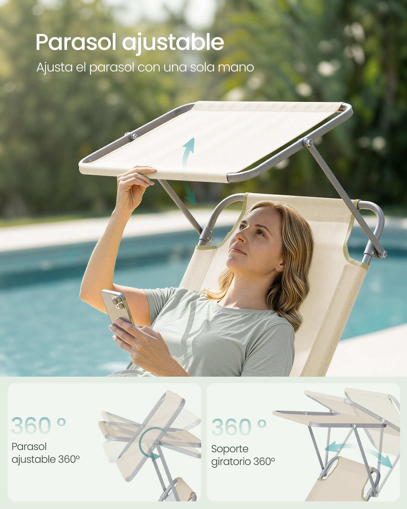 SONGMICS Tumbonas Plegables, 189 x 53 x 28,5 cm, Juego de 2 Tumbonas para Jardín, Cada Una con Carga 110 kg, con Parasol y Respaldo Ajustables, para Terraza y Balcón, Beige GCB294WZ02