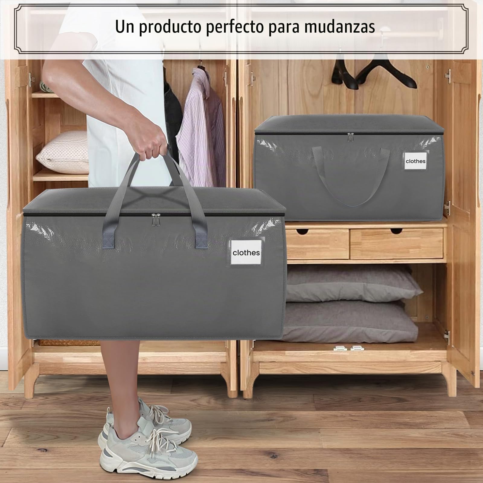 Withosent 100L Grande Bolsa de Almacenamiento, 6 Piezas Impermeable Bolsas de Mudanza con Cremallera y Asa, Bolsas para Guardar Ropa Edredones, Alternativa a las Cajas de Mudanza, Gris