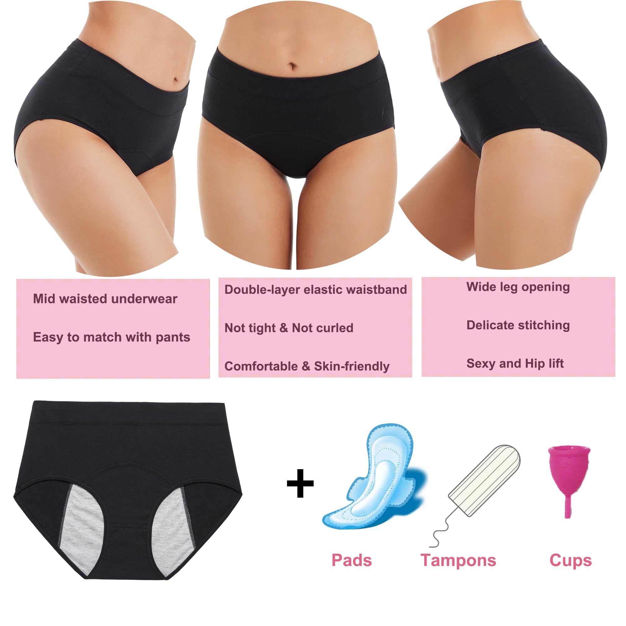 HATSURE Bielizna menstruacyjna dla kobiet, szczelne bawełniane majtki menstruacyjne na noc (wielopak)