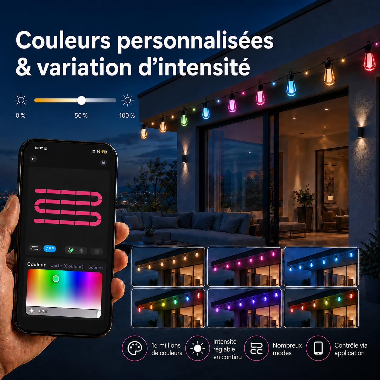 Guirlande lumineuse LED d'extérieur multicolore 15 m - 20 ampoules RVB S14 - Application intelligente avec 99 modes et minuterie (multicolore)