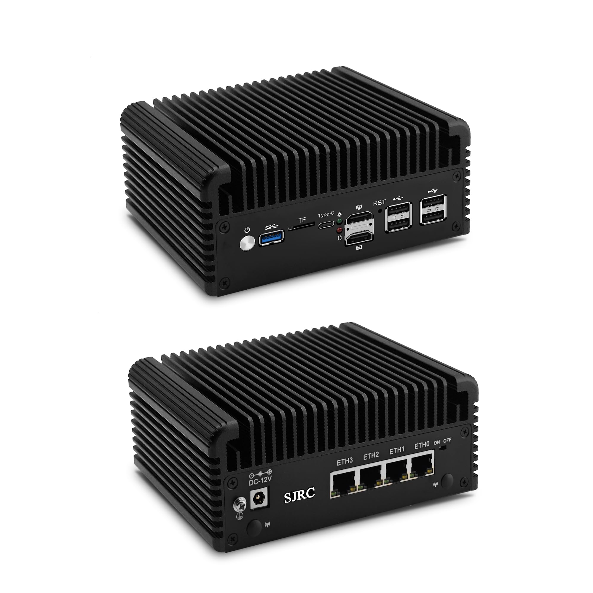 SJRC Fanless Firewall Mini PC J6413, 4X i226-V 2.5GbE LAN, OPNsense Micro Router Hardware Appliance, 8GB DDR4 RAM 256GB NVMe SSD, AES-NI, 2X HD + Type-C, TF Card, SATA 3.0