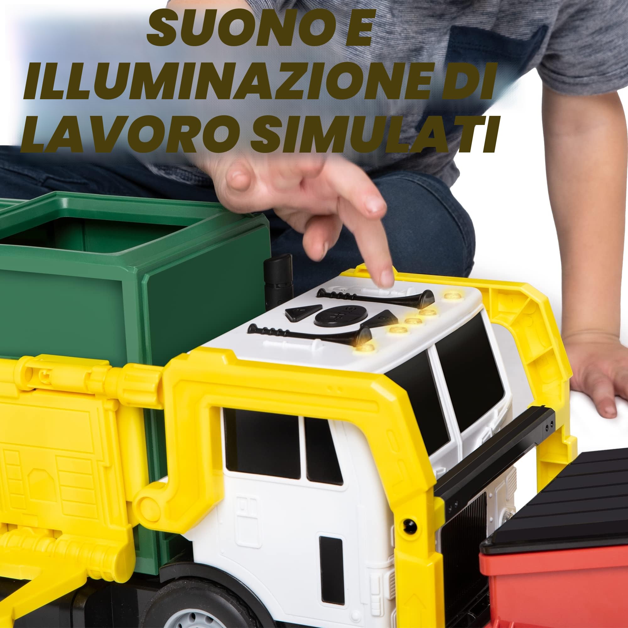 JOYIN Grande Camion Spazzatura da 40 cm, Giocattolo a Frizione con Luci e Suoni, con Pattumiera a Caricamento Frontale, 3 Bidoni Laterali con 30 Carte Pattumiera, Giocattoli per Bambini 3+(verde)