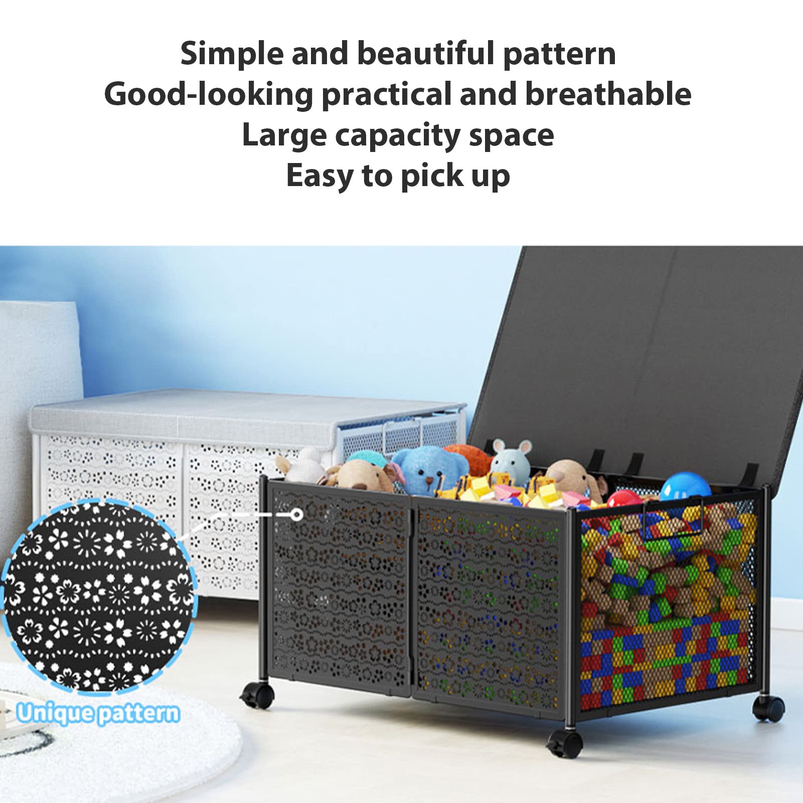 Caja de Almacenamiento de Juguetes con Ruedas y Tapas, Baúl de Juguetes Plegable de Metal Resistente para Almacenamiento de Animales de Peluche, Cesta de Almacenamiento de