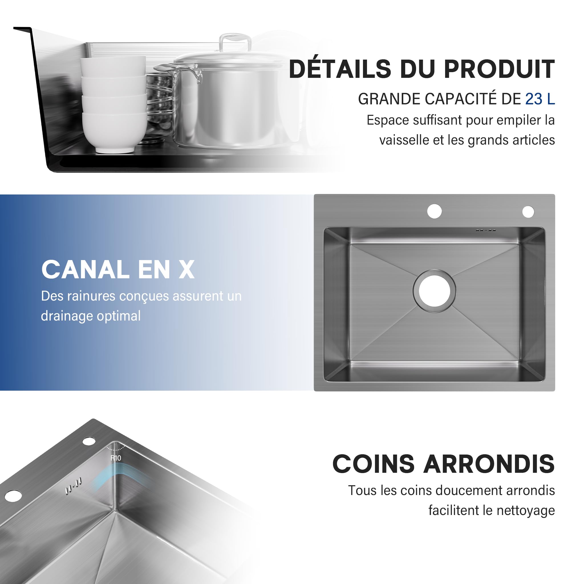 Évier Cuisine 1 Bac 55 x 45 cm, STANEW Évier Encastrable, Trous pour Robinets et Distributeur de Savon et panier télescopique, Argent