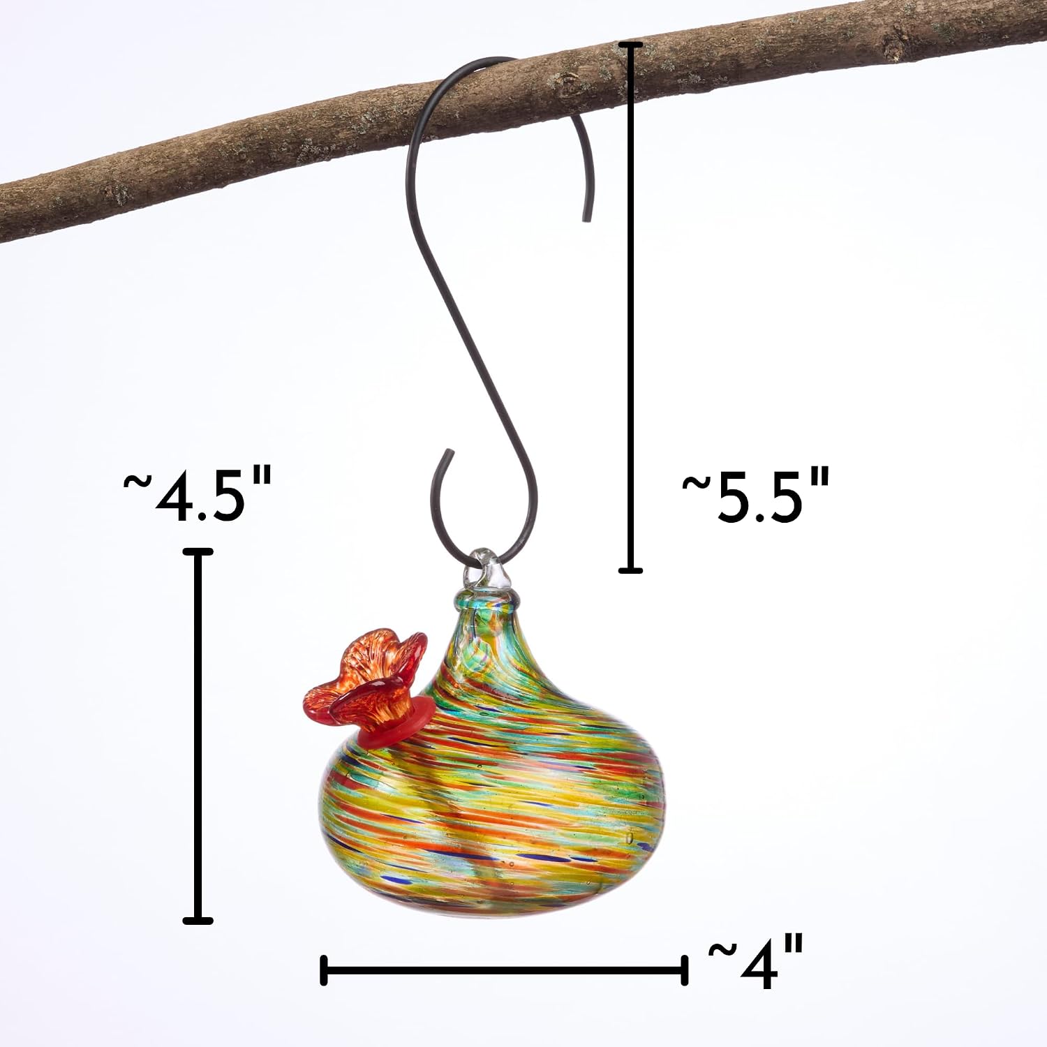 Red Carpet Studios Hummingbird Feeder Hand-Blown Art Glass, Hanging Birdfeeder with Red Flower Feeding Port, 5.5" Teardrop Green