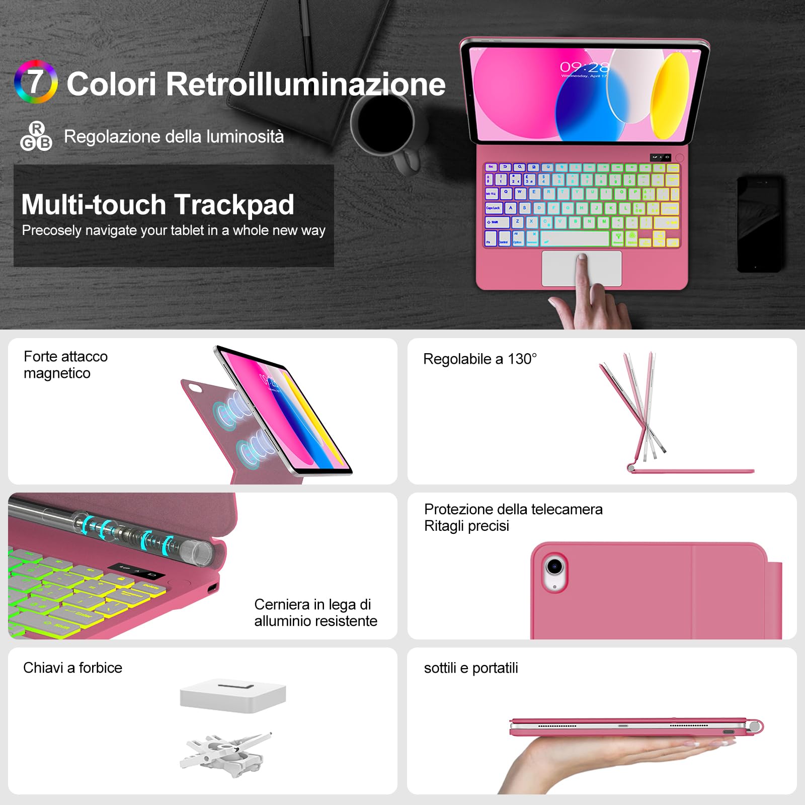 IVEOPPE Tastiera iPad A16 11ª generazione 2025/10ª generazione 2022, Cover Tastiera Italiano ‎QWERTY con Magnetico Trackpad Muti-Touch,7 Colori Retroilluminazione, Layout italiano, Rosa