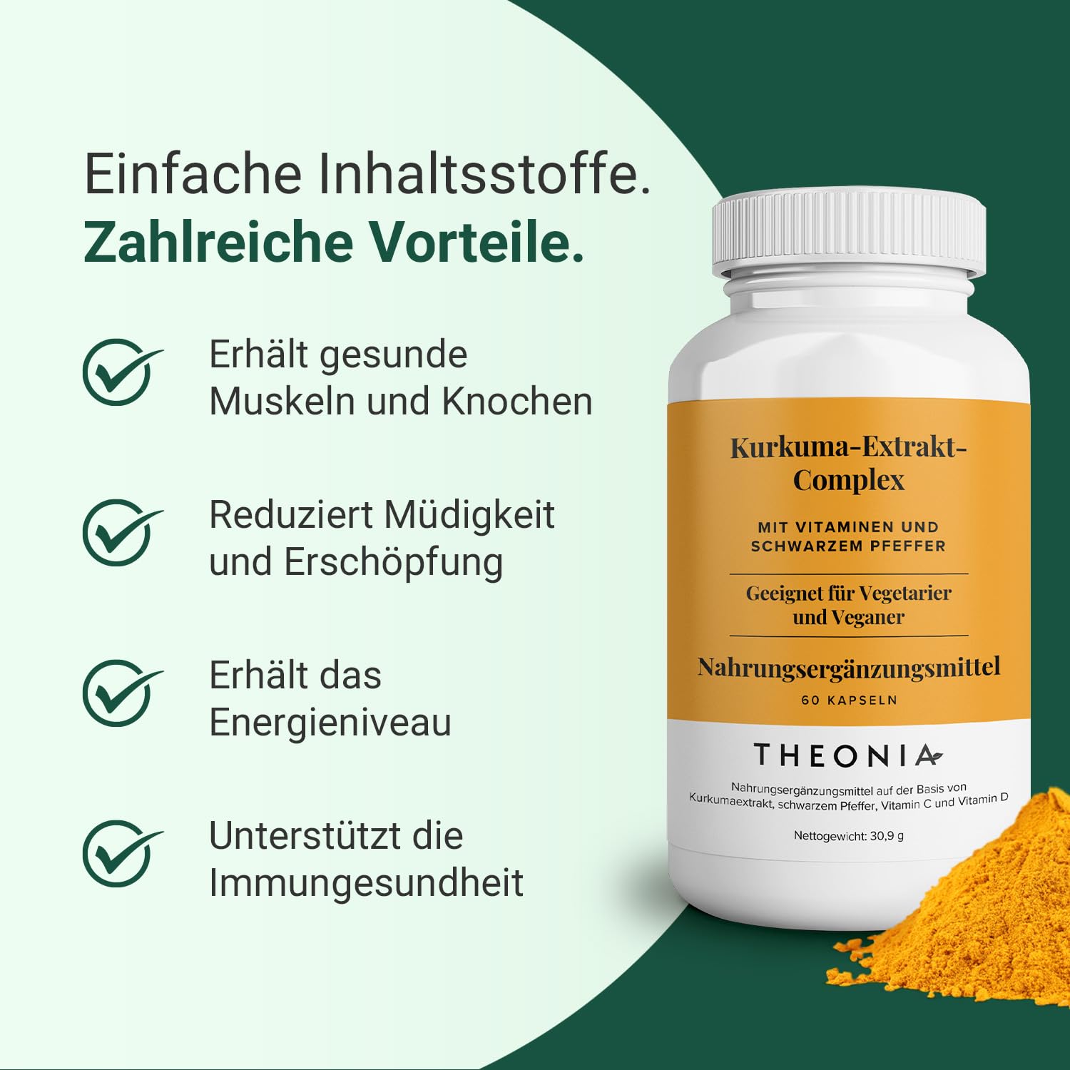 Theonia Kurkuma-Extrakt Complex Vitamin D3 & C, Schwarzer Pfeffer | Unterstützt bei Muskel- und Gelenkentlastung, gesunden Knochen, Stress, DNA-Schutz - 360 Kapseln - 200mg, Vegan