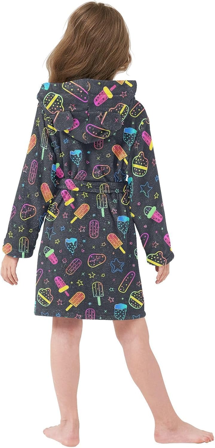 senya Ice Cream and Stars Toddler Hooded Bathrobe Kids Soft Plush Bath Towel Robes for Boys Girls 2-12 Years
