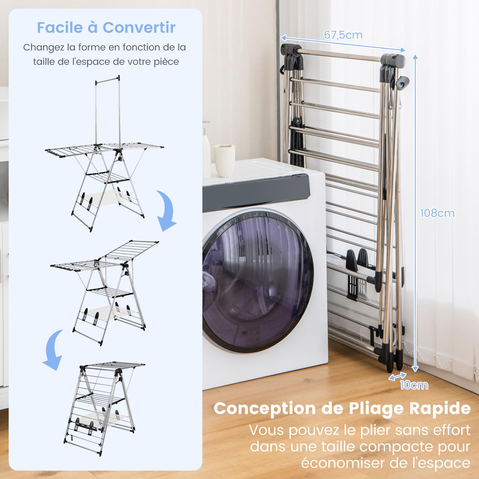 COSTWAY Sechoir à Linge Pliable, Etendoir Linge Interieur Pliable en Alu avec Cintre Haut et Filet de Séchage, Tancarville Linge Réglable 77-127 cm, 4 Porte-Chaussures, Pince de Chaussette Amovible
