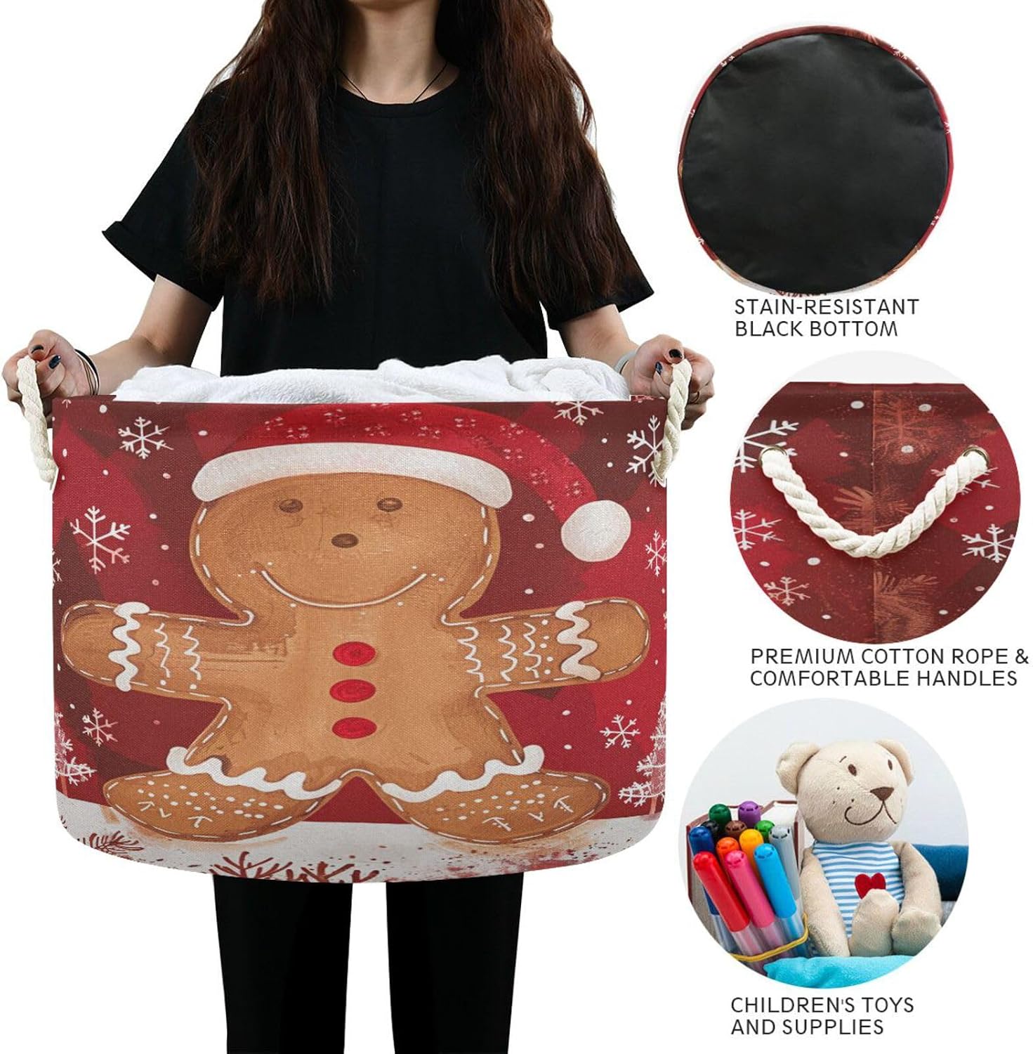 senya Christmas Basket Storage, Christmas Gingerbread Man Snowflakes Storage Bin Box Laundry Hamper Organizer Bag with Handles for Clothes