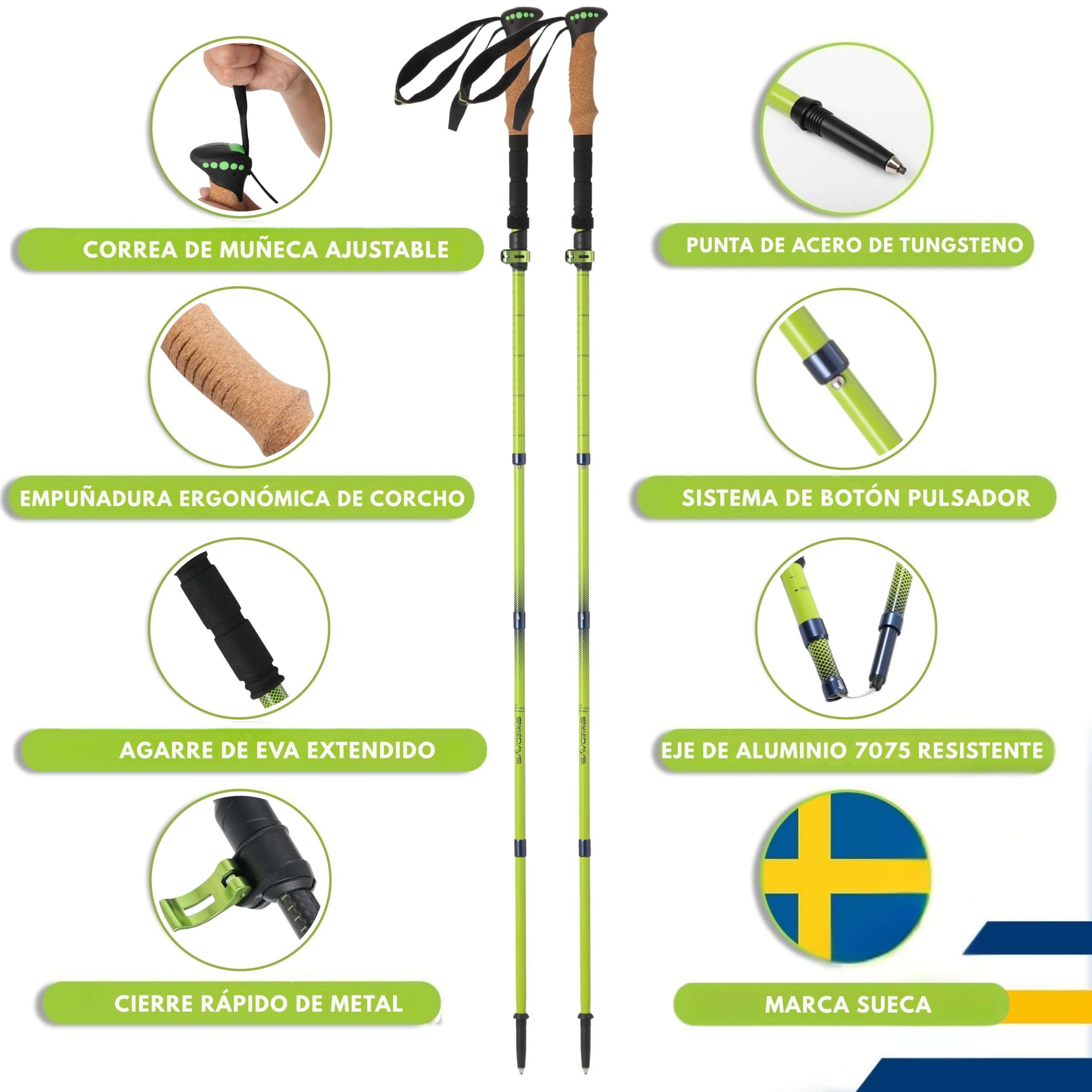 Bastones de Senderismo Plegables (35cm Plegados) - Carbono 3K o Aluminio 7075 - Telescópicos 115-135cm - Ultraligeros & Compactos - Mango de Corcho - Hombre & Mujer