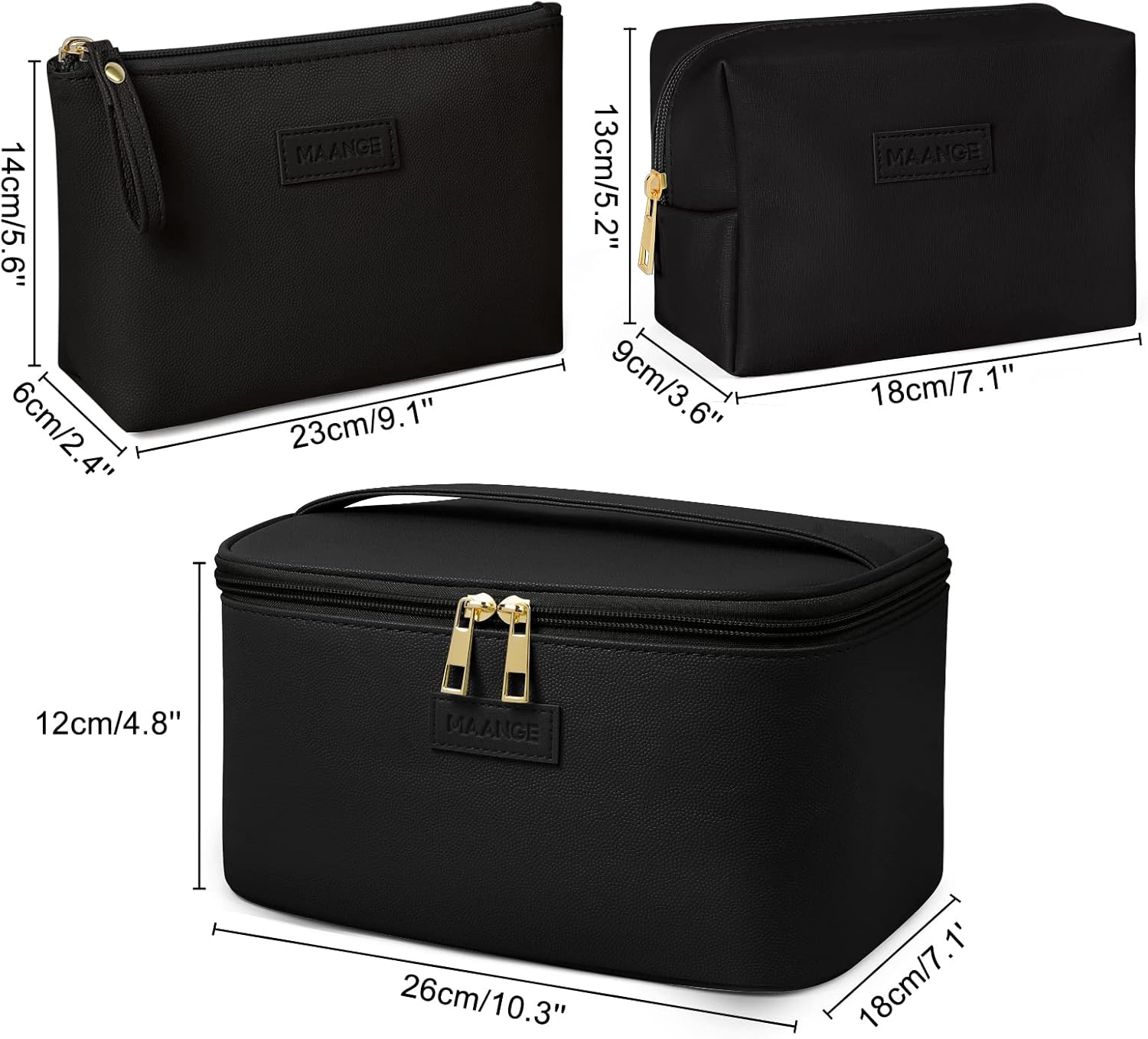 MAANGE Makeup Bag - Large Cosmetic Bag with 2pcs Small Makeup Bags Portable Leather Travel Makeup Bag Set Toiletry Bag Make Up Bags for Women and Girls (Black) - Image 3