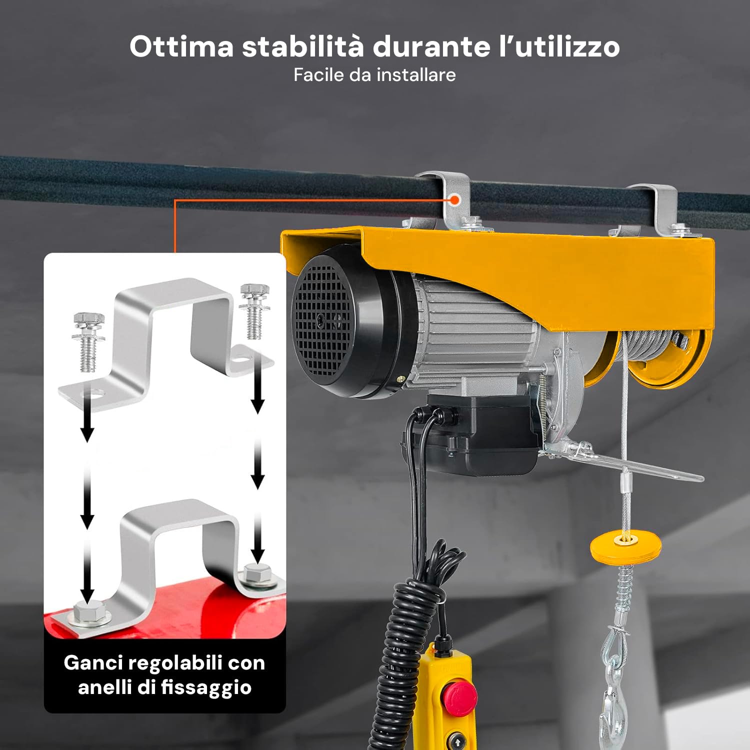 Avilia Montacarichi da Interno 800W - Paranco Elettrico per Carichi 250-500kg, 12m di Altezza, con Tasto di Arresto di Emergenza e Protezione Termica