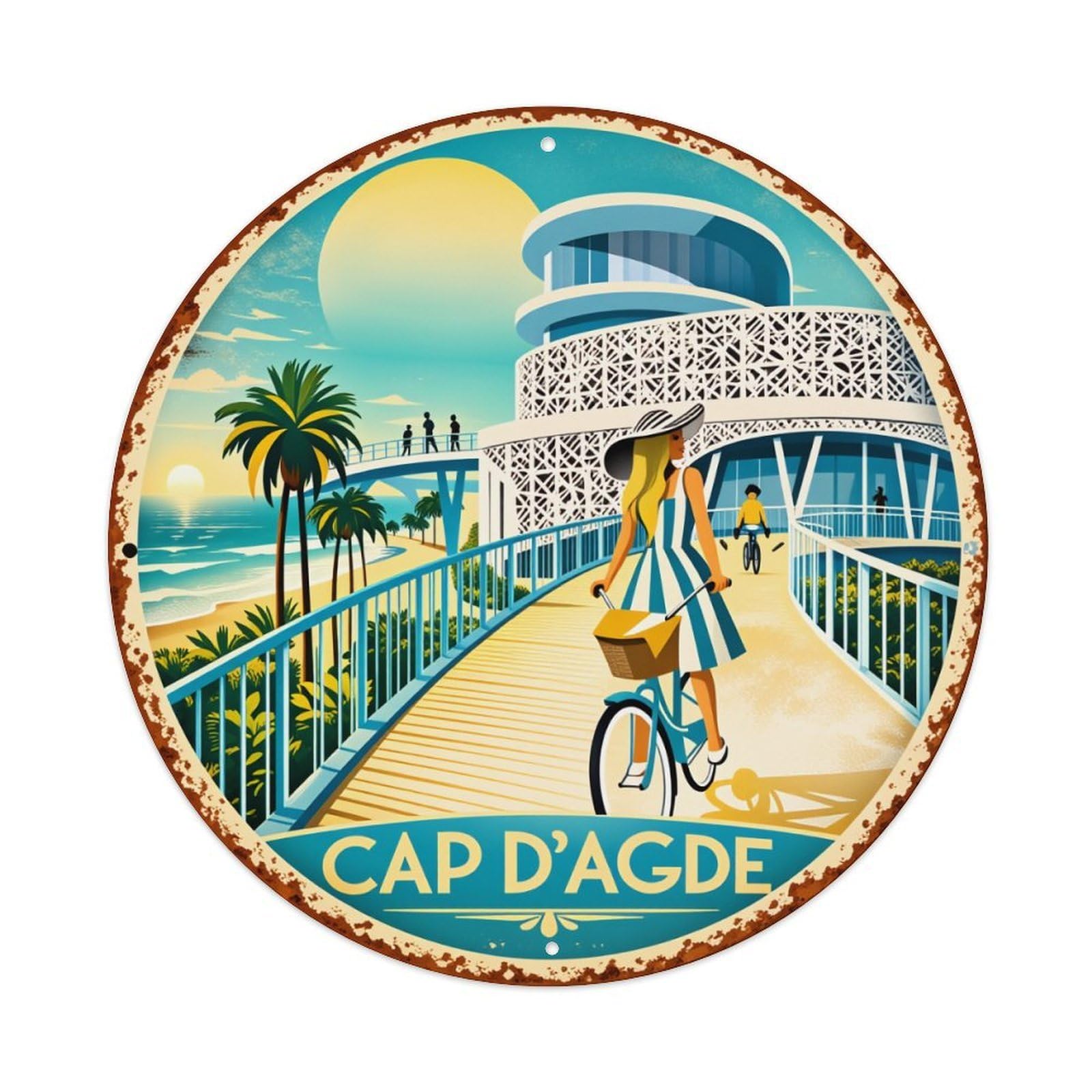 Cap D'Agde Beach Scene Woman Cycling Round Tin Sign Vintage Style Metal Sign Home Bar Garden Wall Plaque Decor Metal Poster 8x8 Inch