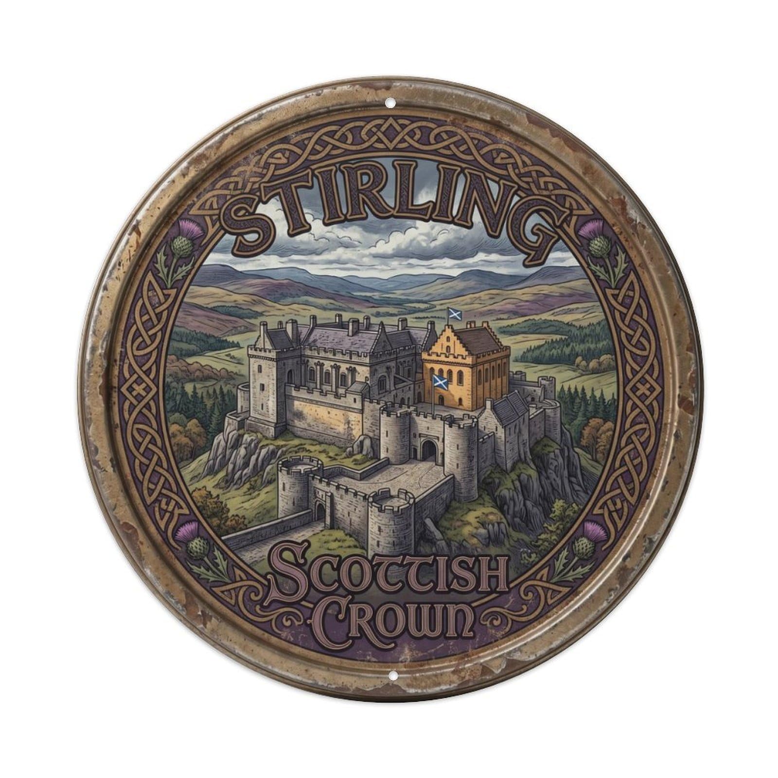 Vintage Travel Stirling Scottish Crown Metal Tin Sign Plaque Wall Decor for Cafe, Club, Garden Round Metal Poster 8x8Inch