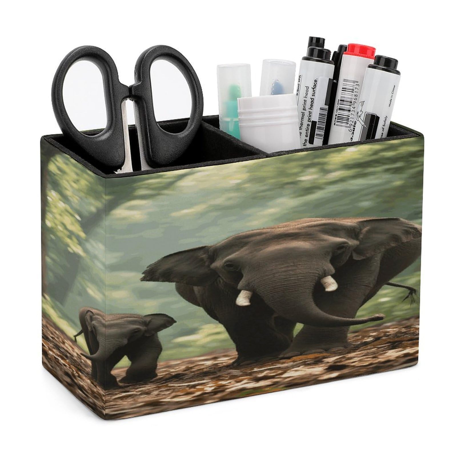 VstaDank Elephants Pencil Holder for Desk Organizer 2 Compartments Pen Cup Leather Square Pen Holder Pencil Cup Stand Makeup Brush Holders for Desktop Organizer Storage Case