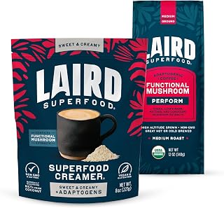 Laird Superfood Perfect Cup Bundle, Medium Roast Ground Coffee with Funtional Mushrooms and 16oz Sweet & Creamy Non-Dairy Creamer with Adaptogens
