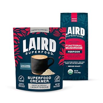 Laird Superfood Perfect Cup Bundle, Medium Roast Ground Coffee with Funtional Mushrooms and 16oz Sweet & Creamy Non-Dairy Creamer with Adaptogens