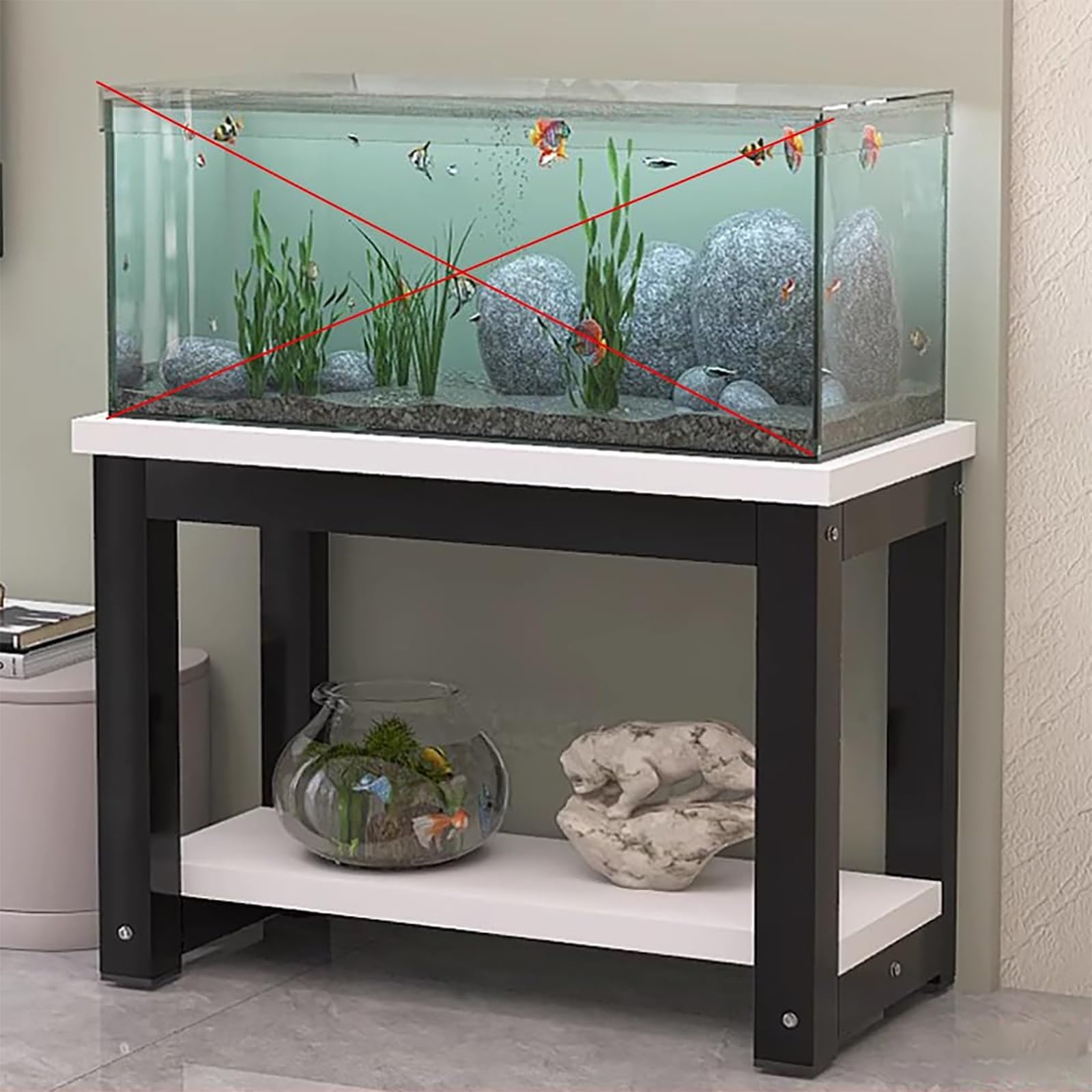 Aquarium Stand with Storage, Heavy Duty Metal Fish Tank Rack, 2-Tier Reptile Tank Shelf, Aquarium Table with MDF Boards, Plant Stand Organizer for Living Room Bedroom Office(Black+White,50x40cm)