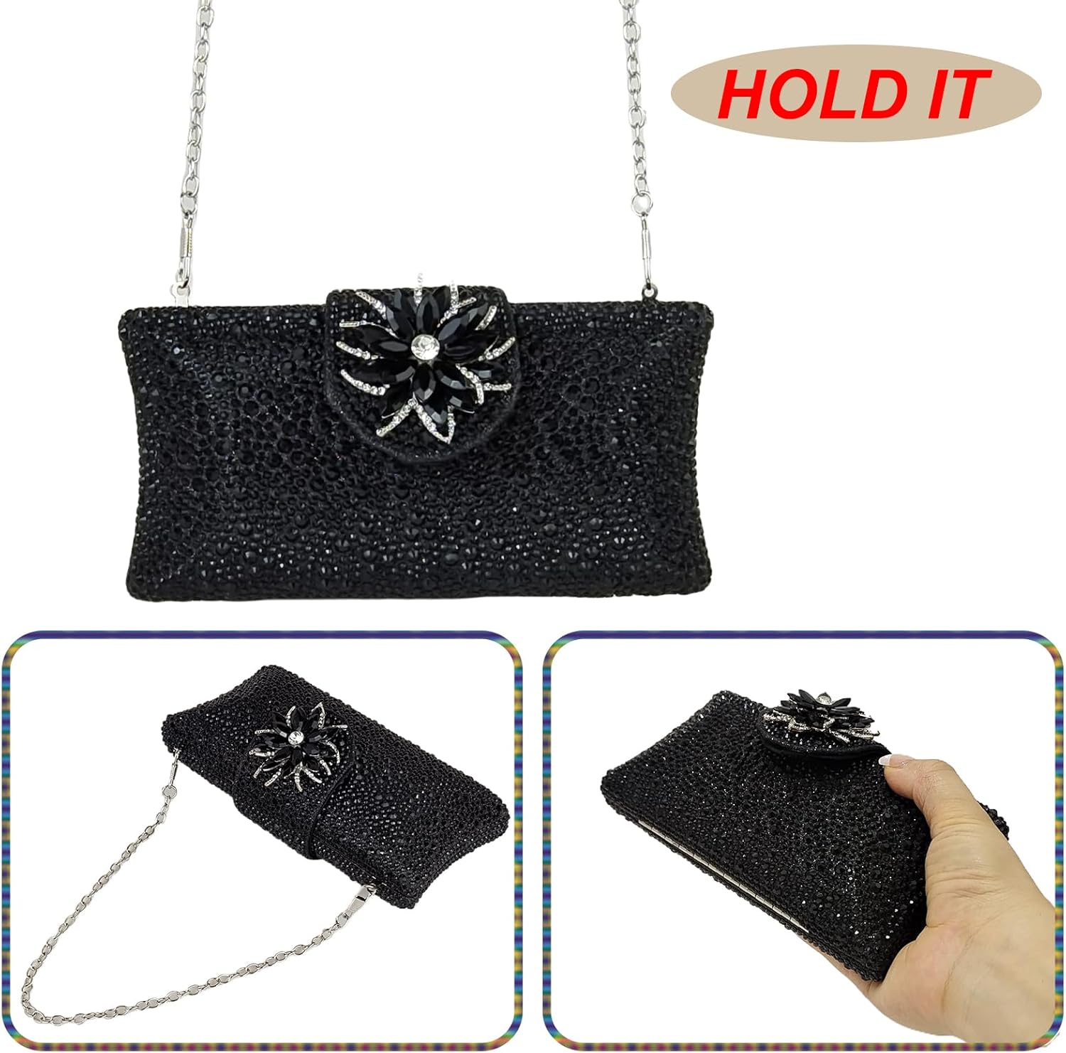 HUANG ZHUANG Elegant Flower Clutch Solid Rhinestone Handbags For Women Evening Bag Party Purse Bridal Prom Bag - Image 6