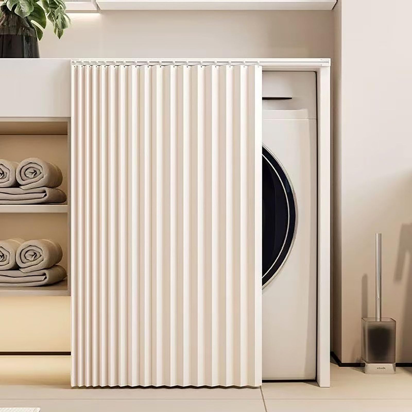 Genérico Cortina Corrediza para Gabinete, Imitación Lino, Cortina Autoadhesiva para Estantes de Cocina Antipolvo, Impermeable, No Requiere Perforación para Estantes Abiertos,Blanca,W60cm/lH90cm