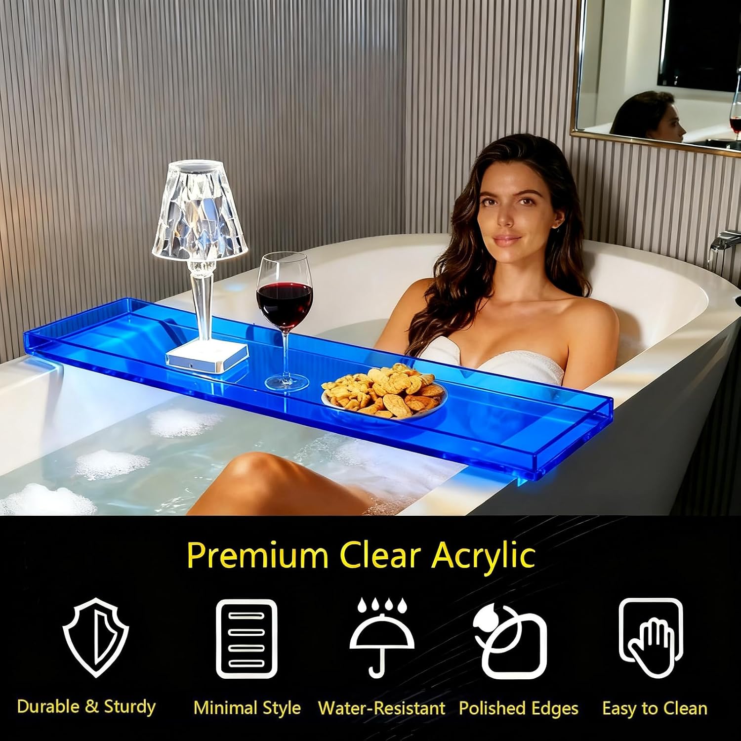 Bathtub Tray Table, Clear Acrylic, Anti-Slip Bath Caddy (Blue, L32.3 x W7.87 x H1.18)