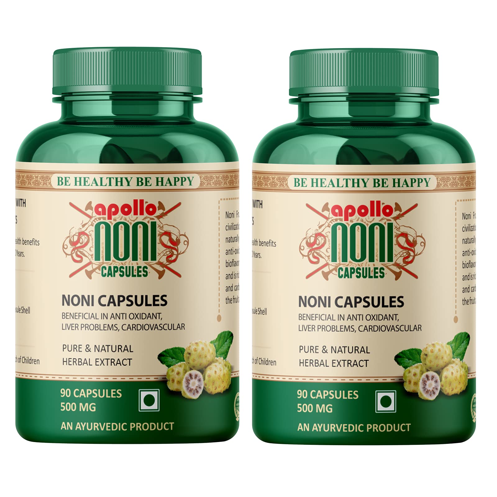 Apollo Noni Morinda Capsules, No Seeds Bark Leaves - 90 Capsules Each Pack (Pack of 2)
