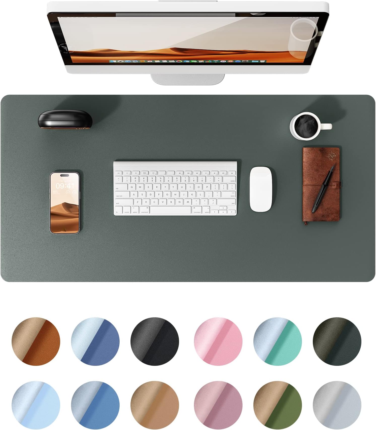 YSAGi Leather Desk Pad Protector, Office Desk Mat, Large Mouse Pad, Non-Slip PU Leather Desk Blotter, Laptop Desk Pad, Waterproof Desk Writing Pad for Office and Home (Dark Green, 35.4" x 17")