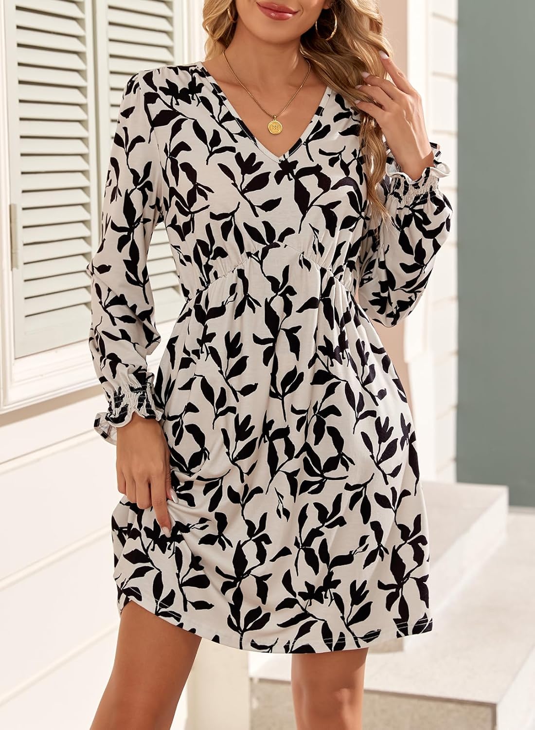 Dokotoo Fall Dresses for Women 2025 Casual V Neck Lantern Long Sleeve Floral Shirred High Waist A-Line Boho Dress - Image 5