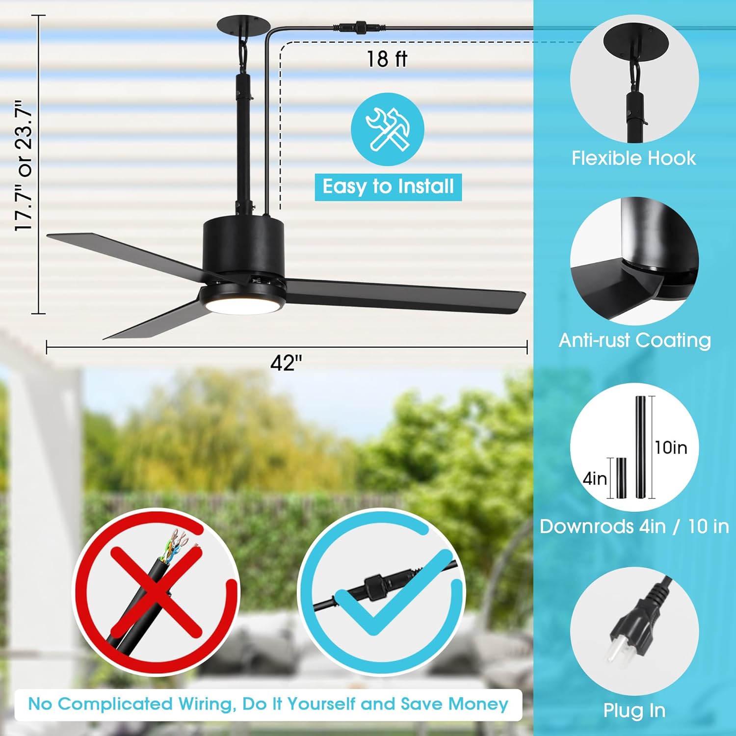Parrot Uncle Outdoor Ceiling Fans Waterproof IP65, 42 Inch Farmhouse Modern Ceiling Fans with Lights and Remote Control, 6 Speeds, Reversibel DC Motor, Dimmable, Easy to Install (Black)